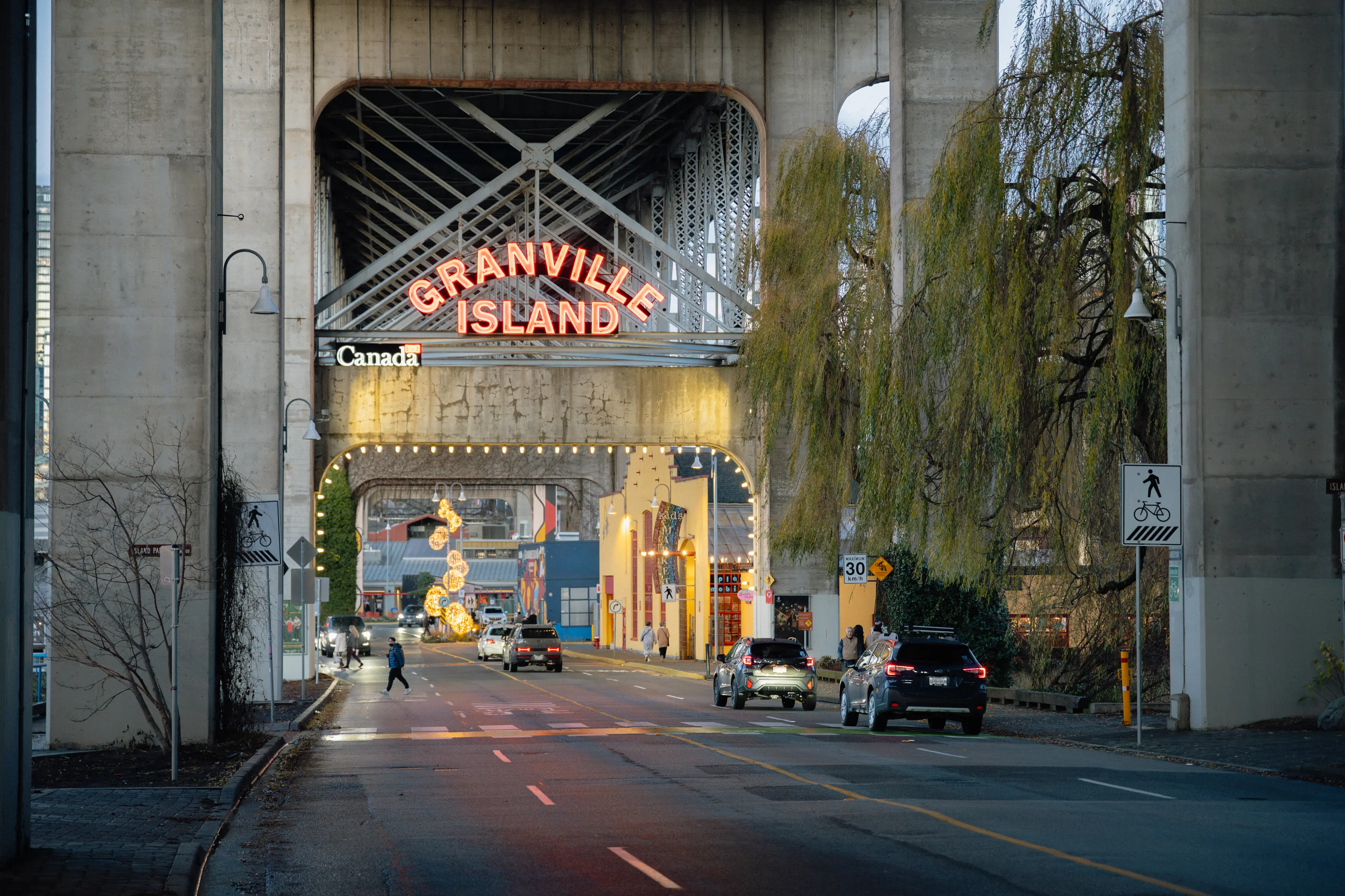 Granville Island sign lit up.