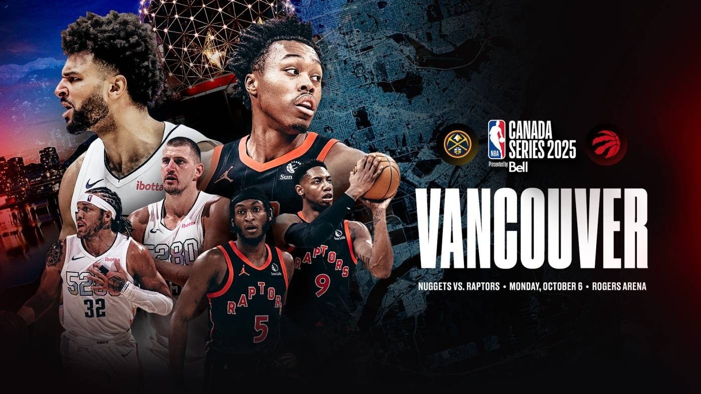 Promotional graphic for NBA Canada Series 2025 Vancouver game between Nuggets and Raptors on October 6 at Rogers Arena with players in team jerseys.