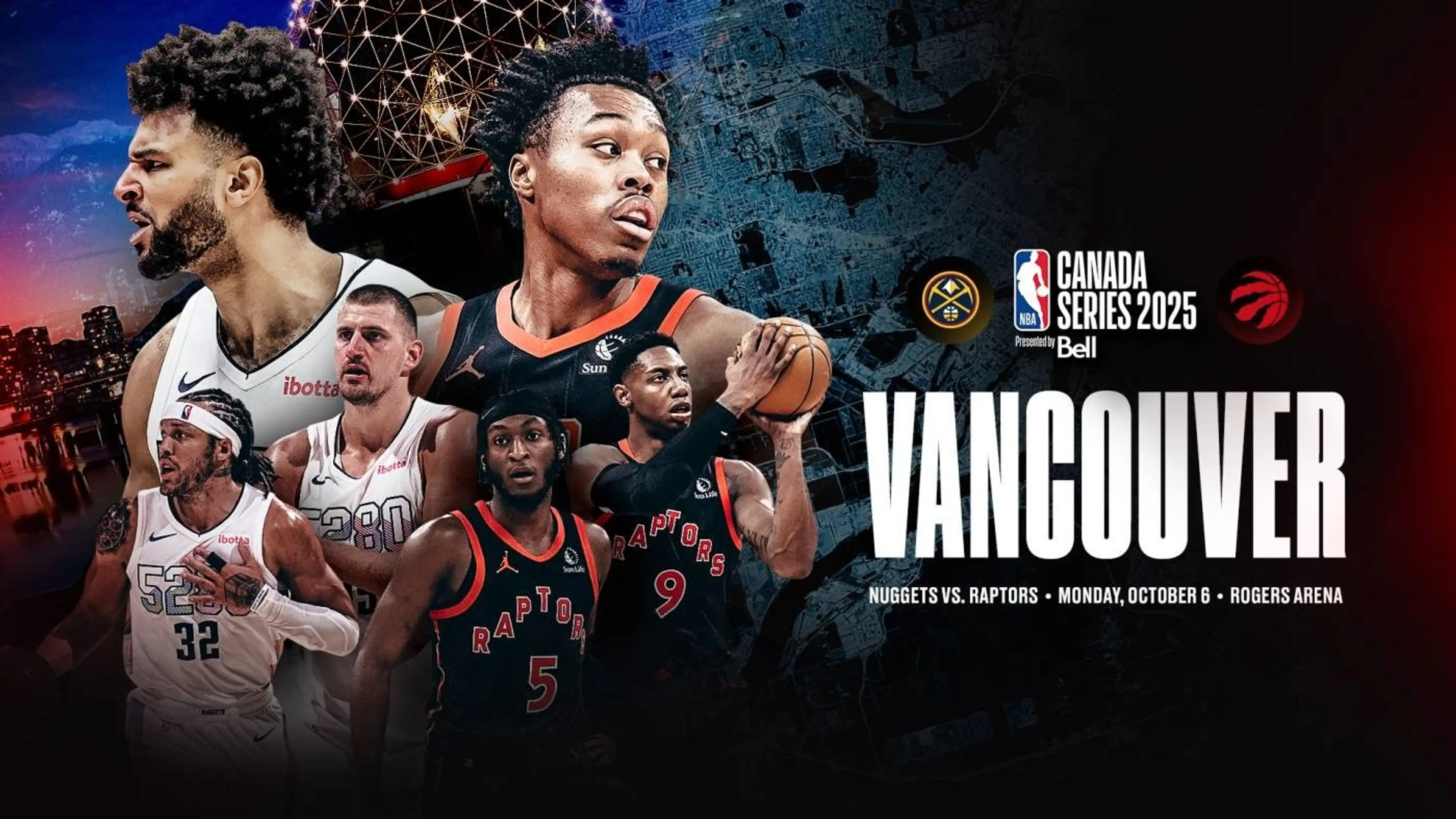 Promotional graphic for NBA Canada Series 2025 Vancouver game between Nuggets and Raptors on October 6 at Rogers Arena with players in team jerseys.