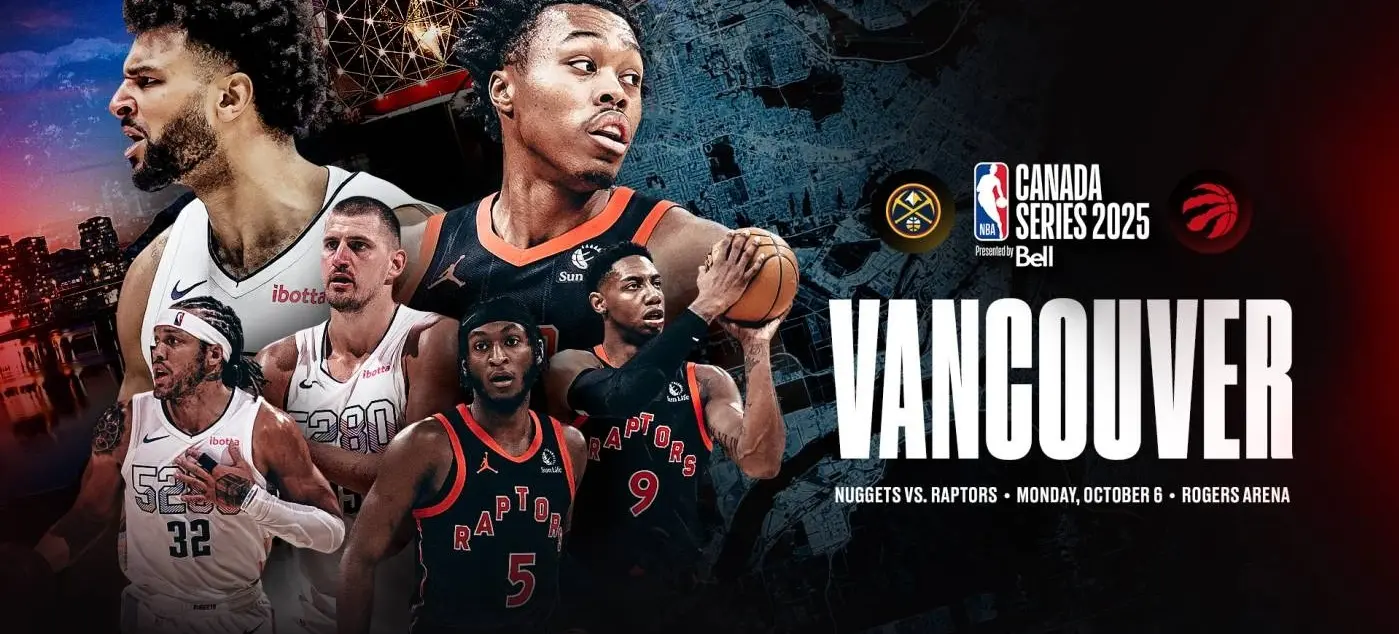 Promotional graphic for NBA Canada Series 2025 Vancouver game between Nuggets and Raptors on October 6 at Rogers Arena with players in team jerseys.
