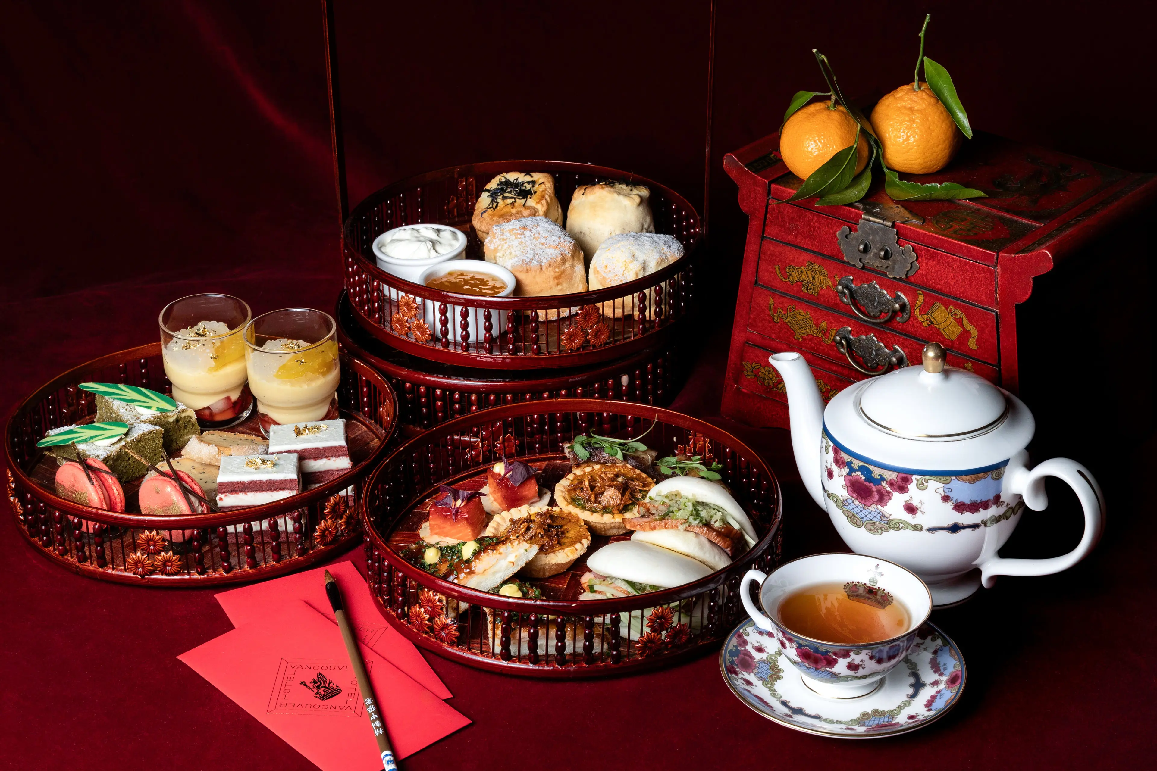 All dishes staged for the High Tea at the Fairmont Hotel in Vancouver.
