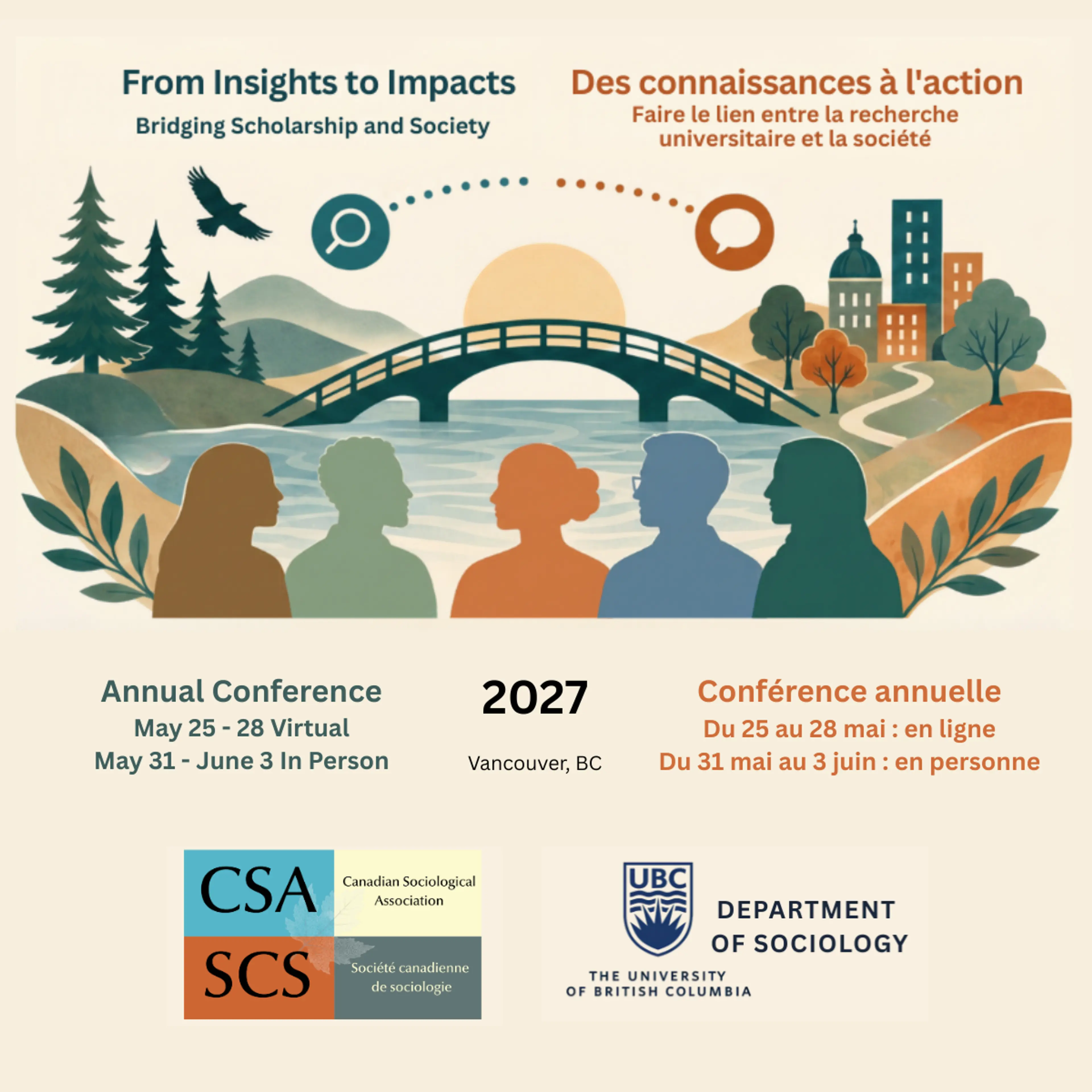 Illustration of a bridge over water with silhouettes of five people in front, trees and cityscape in the background, text about a 2027 annual conference in Vancouver, BC, by the Canadian Sociological Association and UBC Department of Sociology.