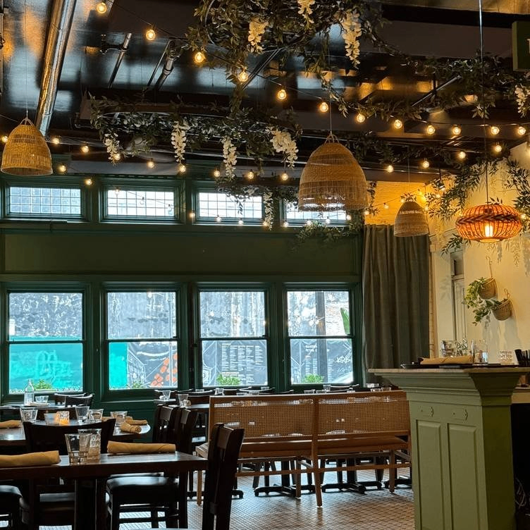 Cozy restaurant interior with green walls, wooden tables and chairs, hanging wicker lamps, and string lights with greenery on the ceiling.
