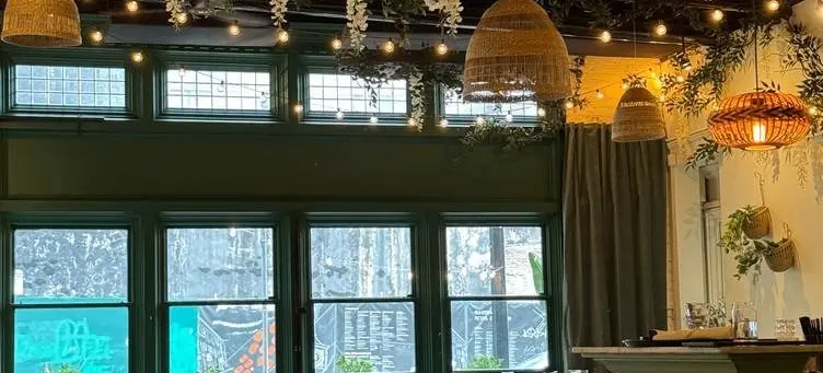 Cozy restaurant interior with green walls, wooden tables and chairs, hanging wicker lamps, and string lights with greenery on the ceiling.