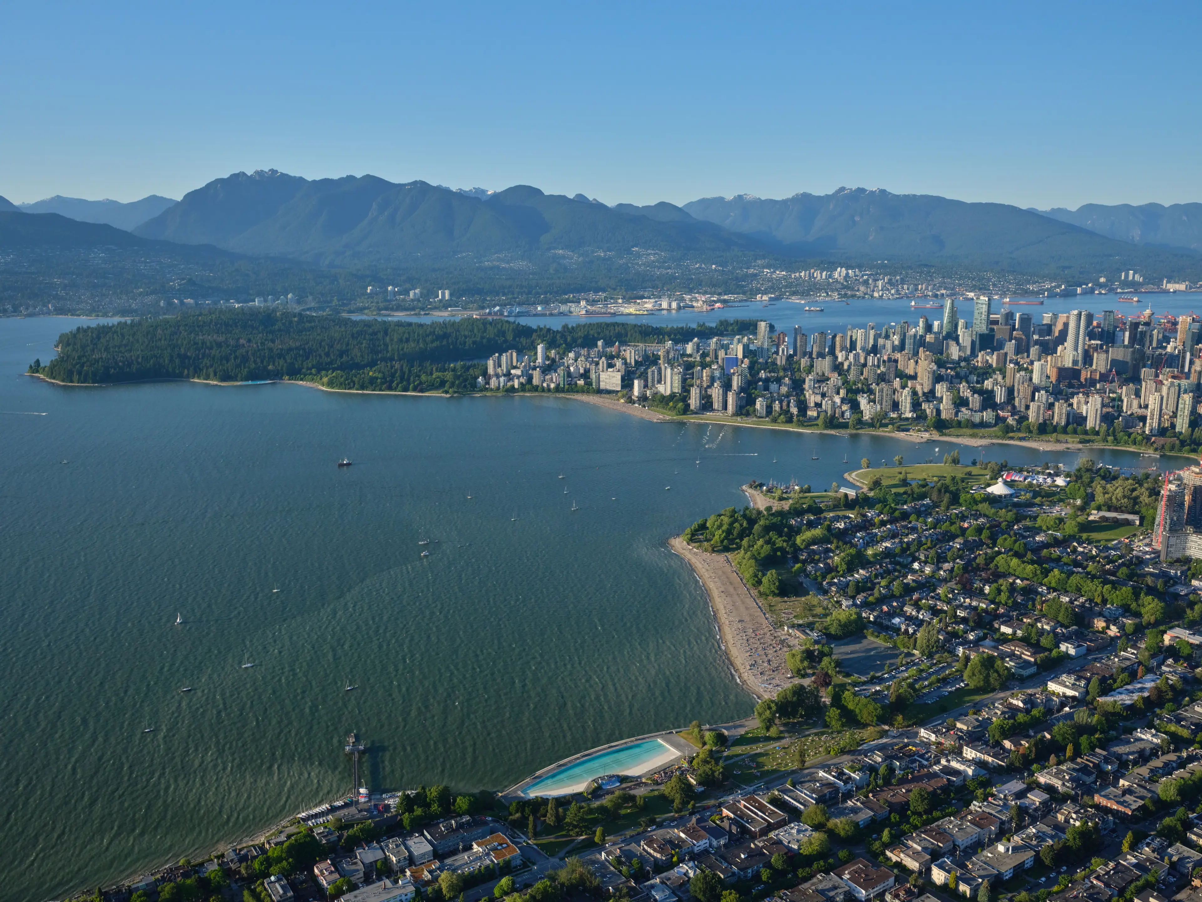 Scenic image of Vancouver in the summer with Kits pool highlighted.