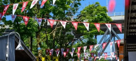 Outdoor street scene with people walking under red and white triangular flags, green trees, and colorful flowers on a sunny day.