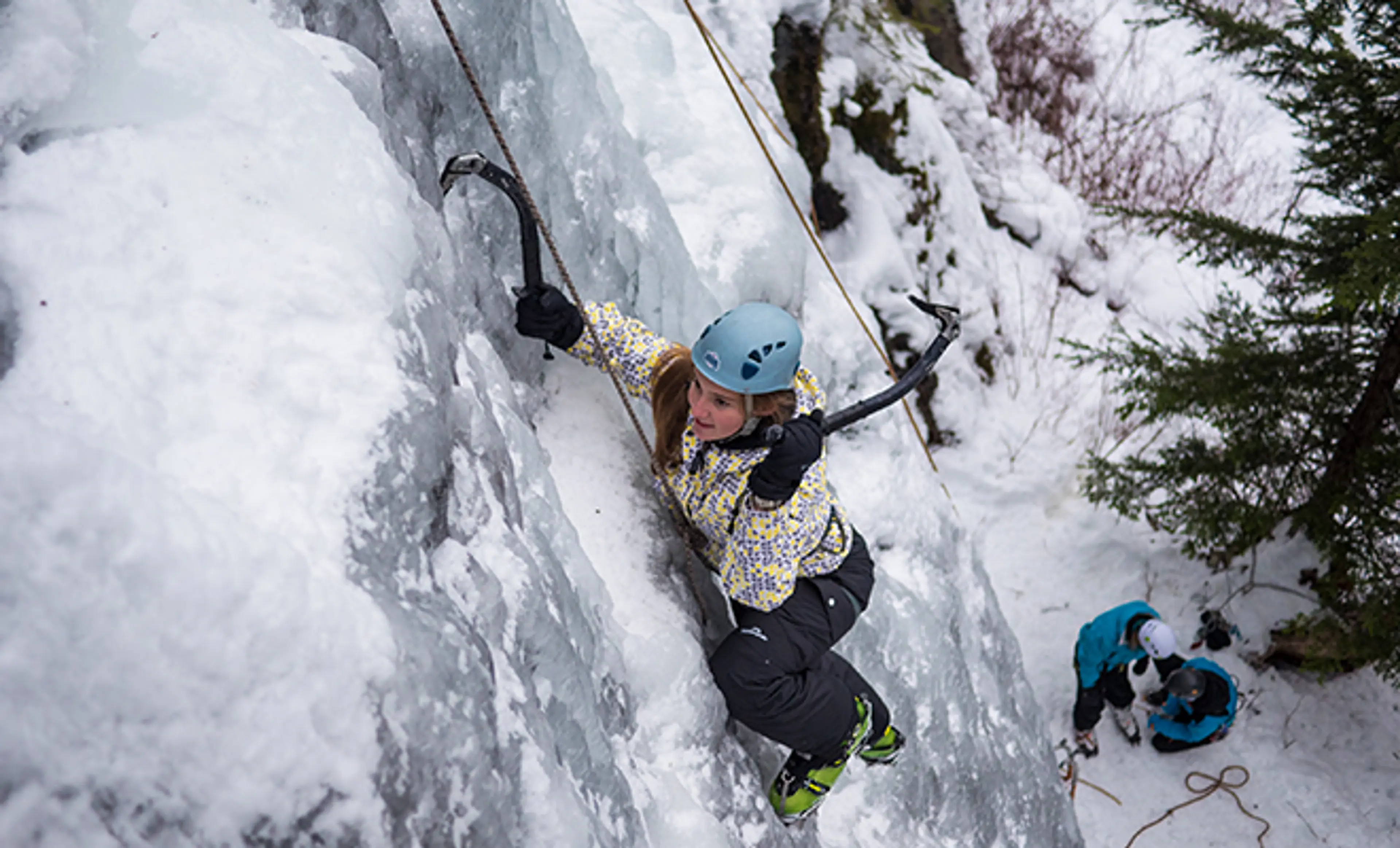 A woman ice climbing near Whistler