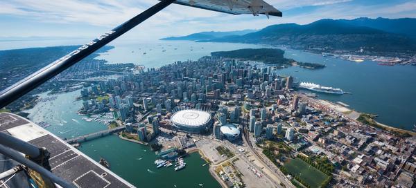 Seaplane over downtown Vancouver