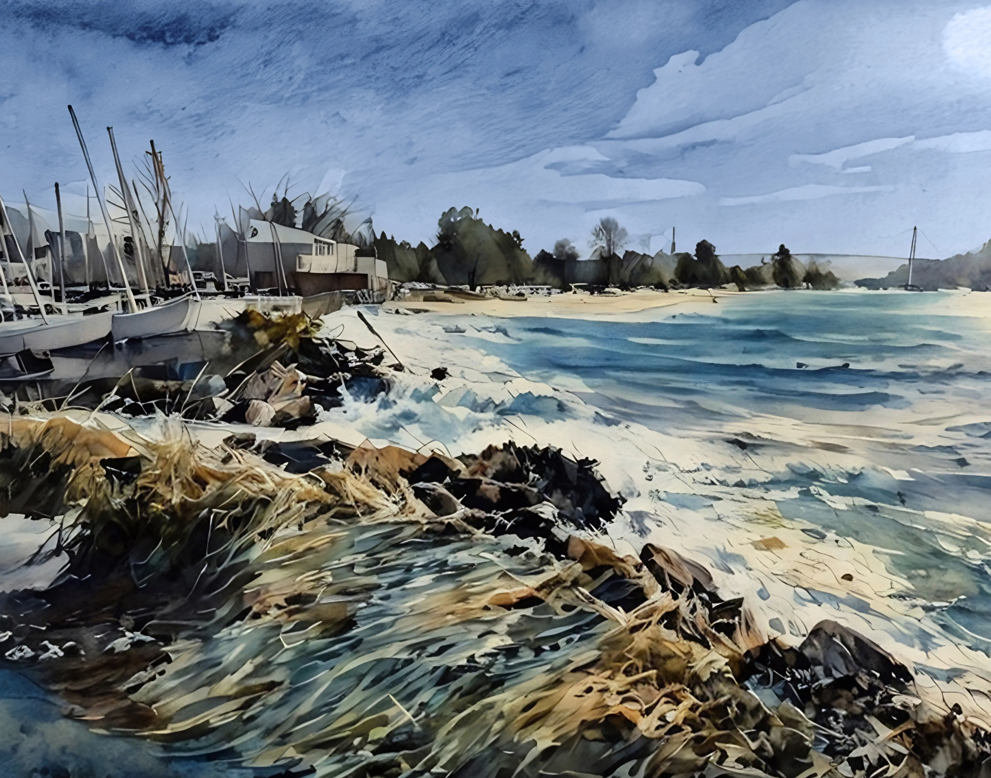Coastal scene with boats docked near a rocky shore, sandy beach, and calm water under a partly cloudy sky.