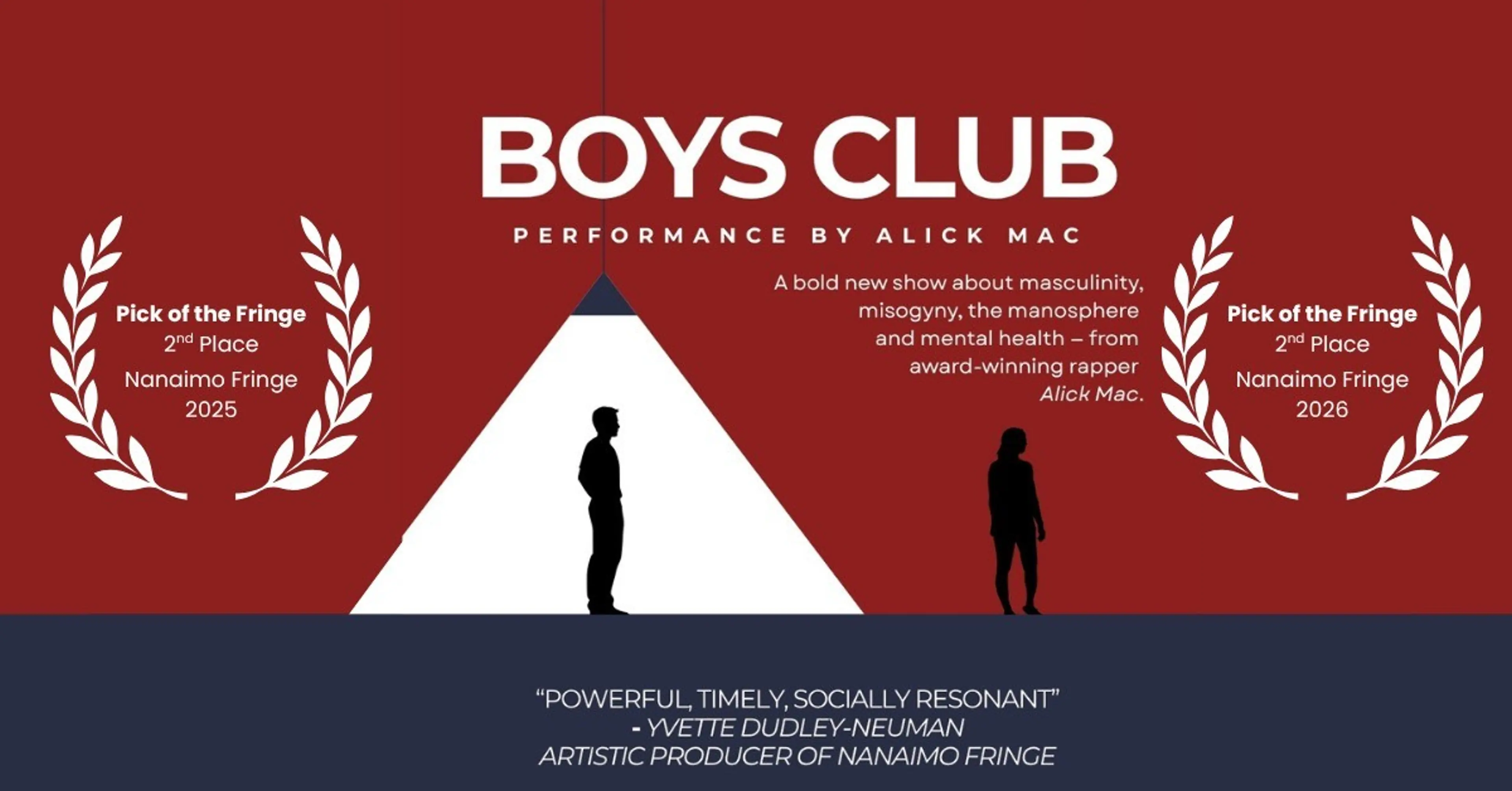Poster for Boys Club performance by Alick Mac with silhouettes of two people and text about the show and awards from Nanaimo Fringe 2025 and 2026.
