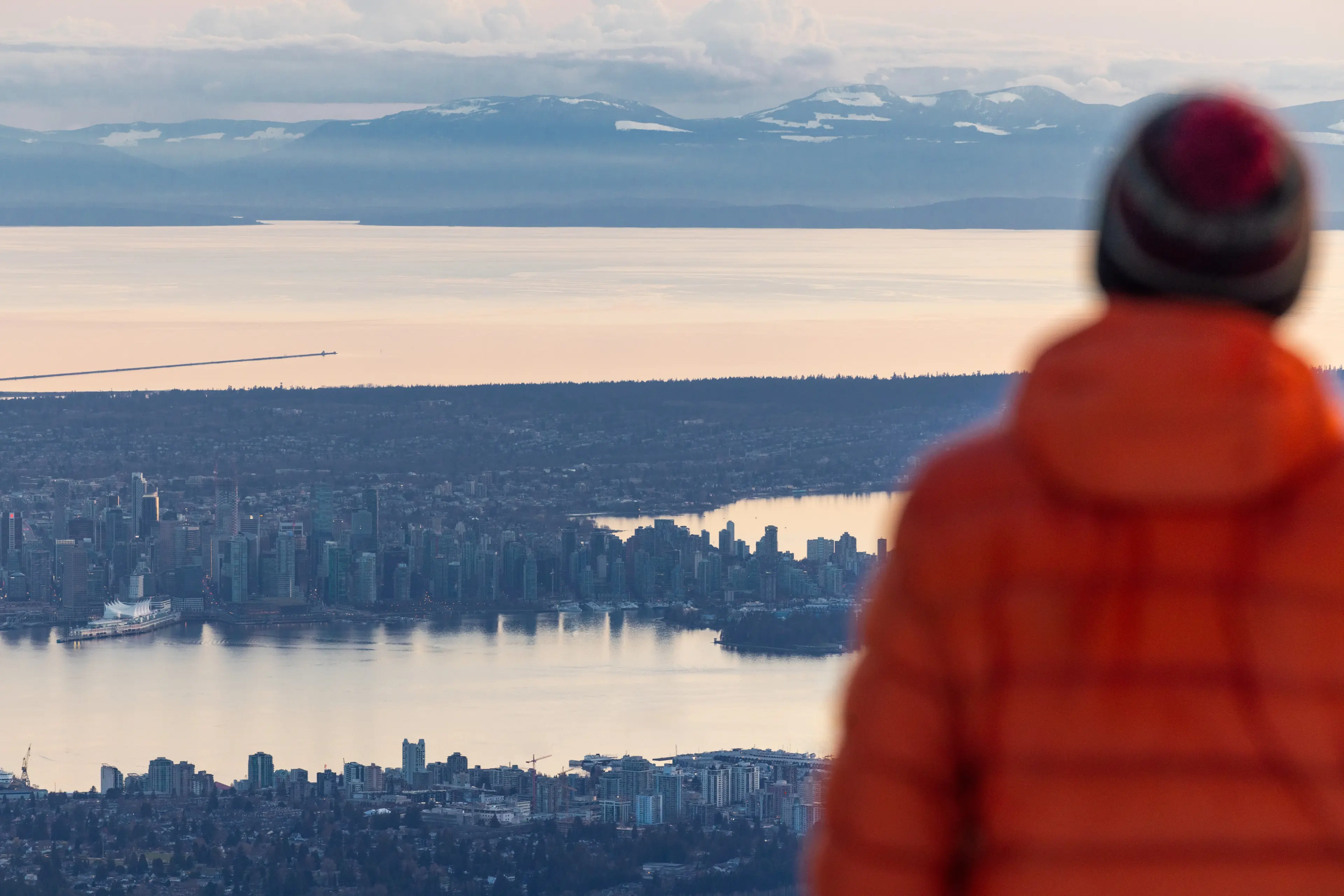 A person looking out at the city and ocean view from Seymour Mountain in North Vancouver.