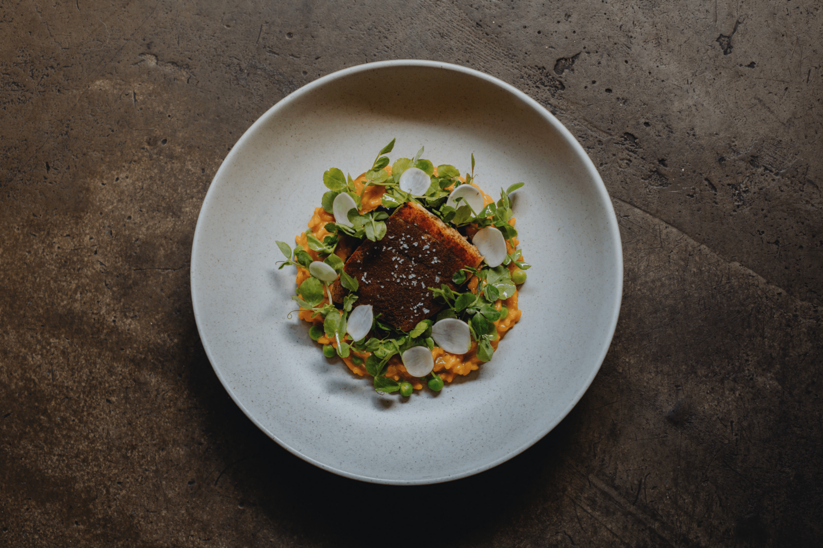 Grilled fish fillet on orange puree, garnished with green leaves and white radish slices on a white plate.