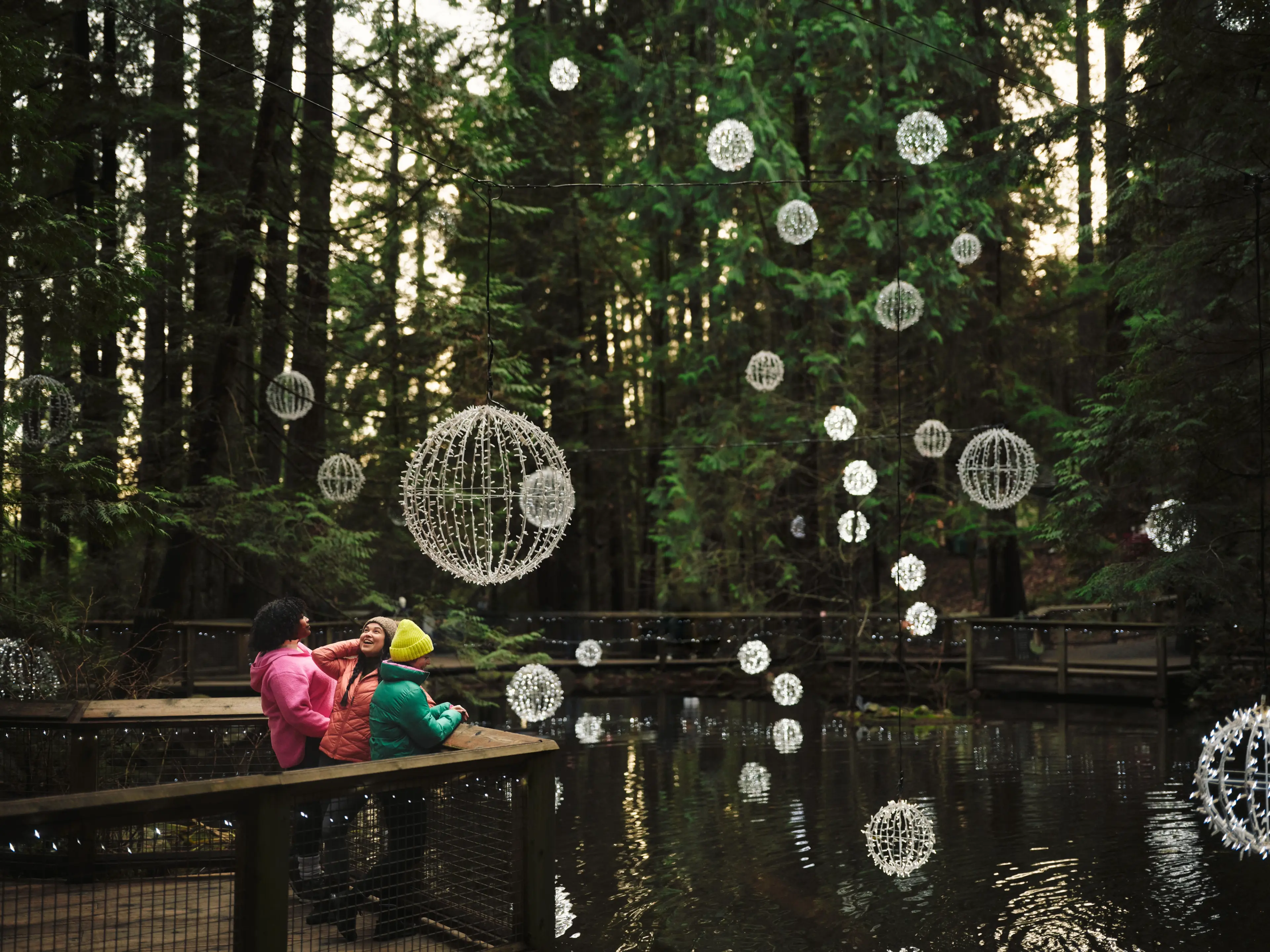 Three people looking at big round light installations at Capilano Suspension Bridge during the Canyon Lights event.