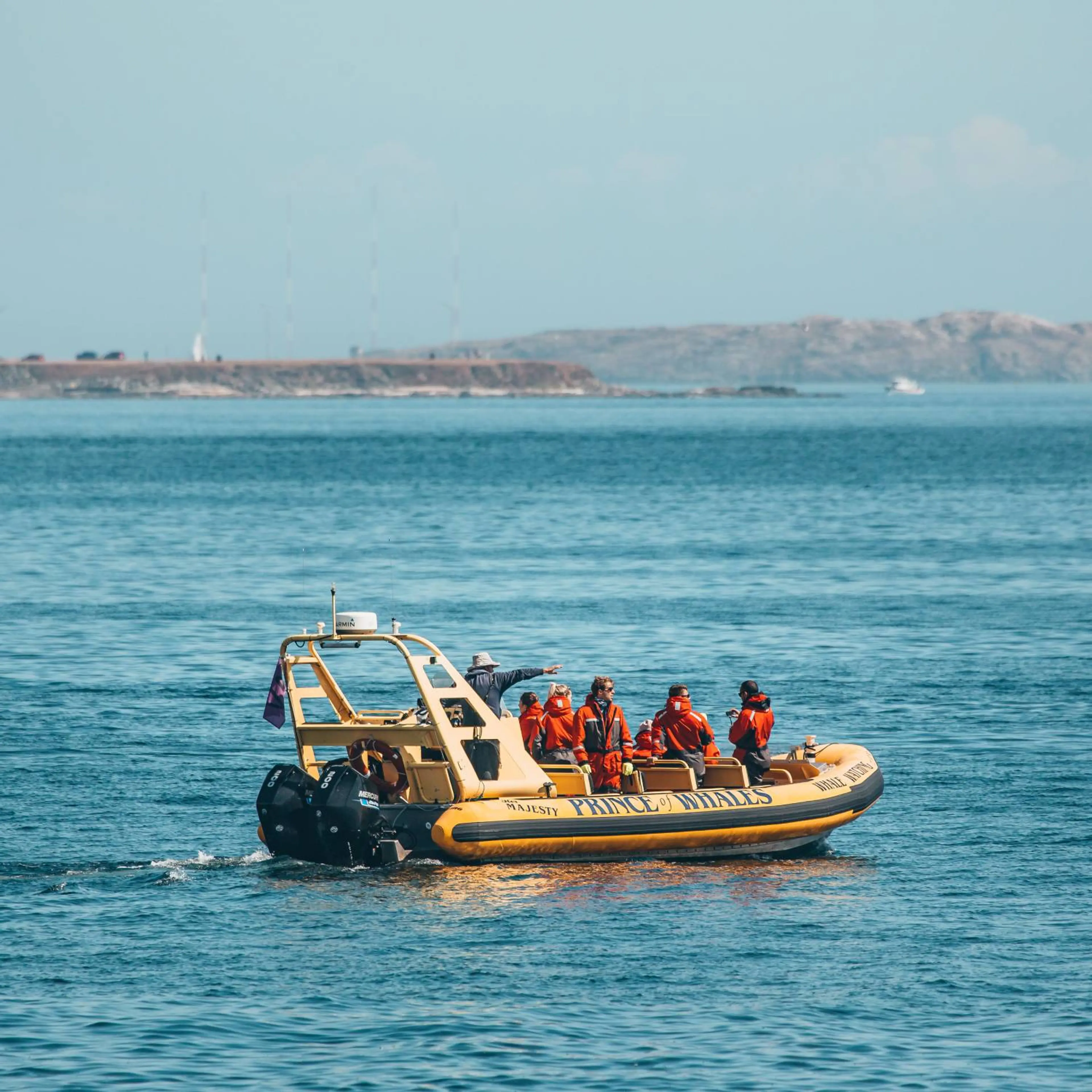 Yellow boat named Prince of Whales with people in orange jackets on calm blue water near a rocky coastline.