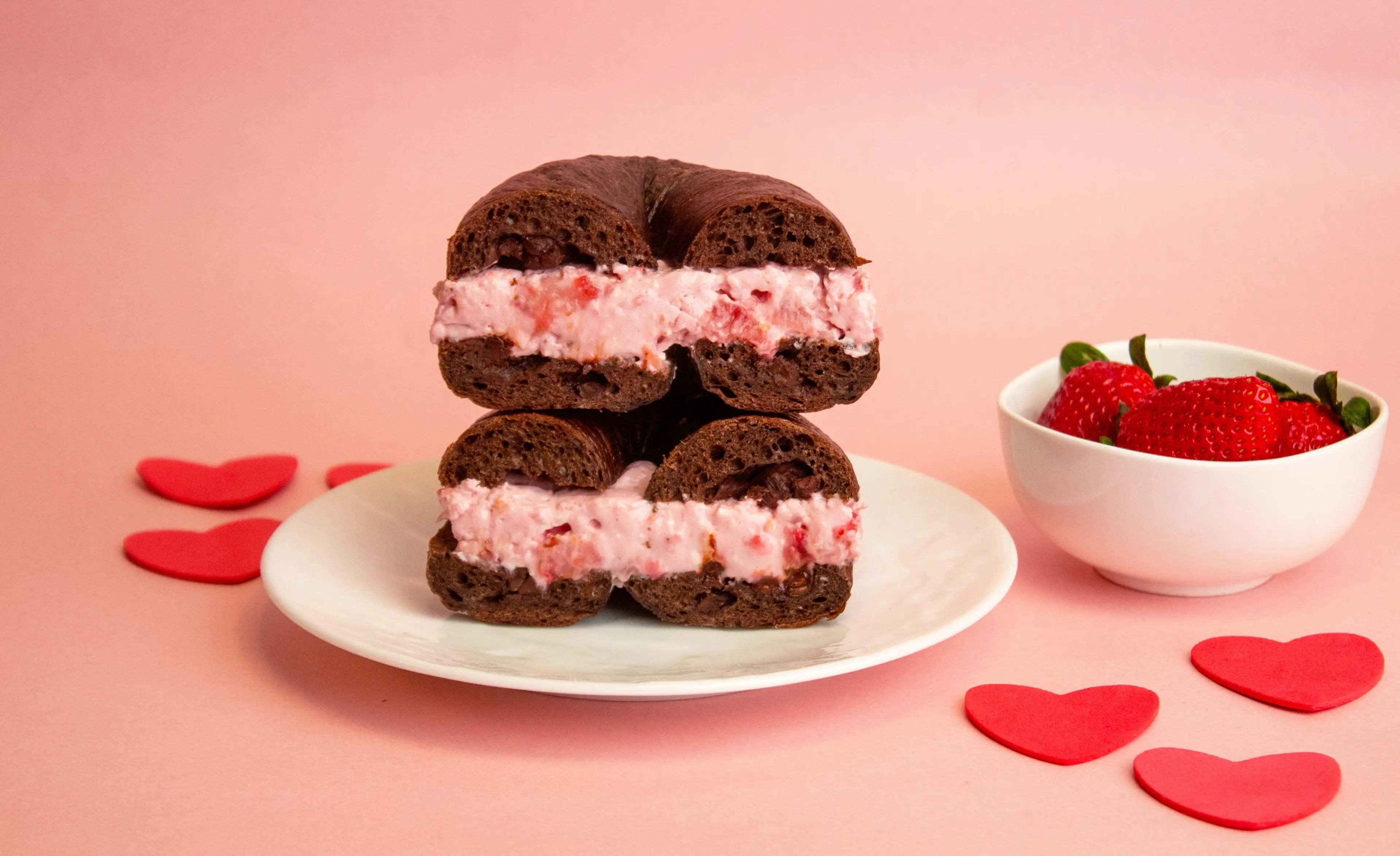 A strawberry chocolate bagel sandwich from WA-BAGEL in Vancouver offered for Valentine's Day
