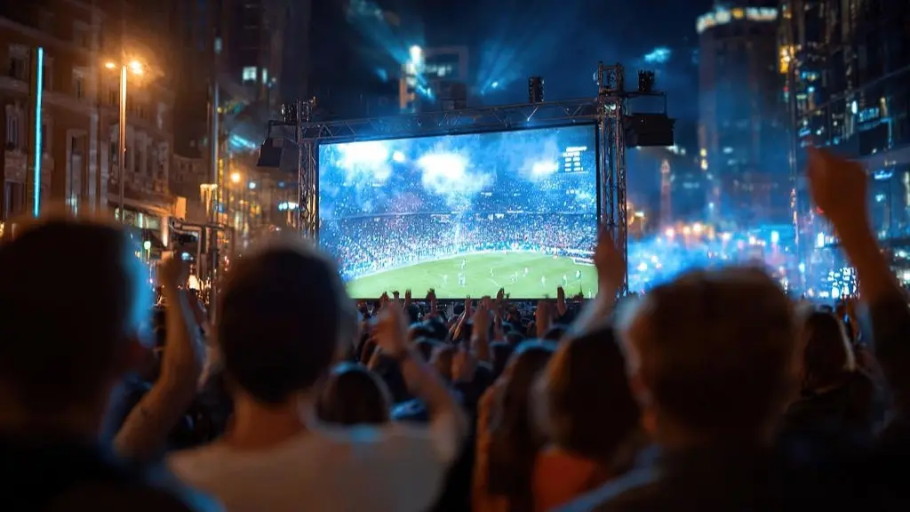 Crowd watching a soccer match on a large outdoor screen at night in a city setting.