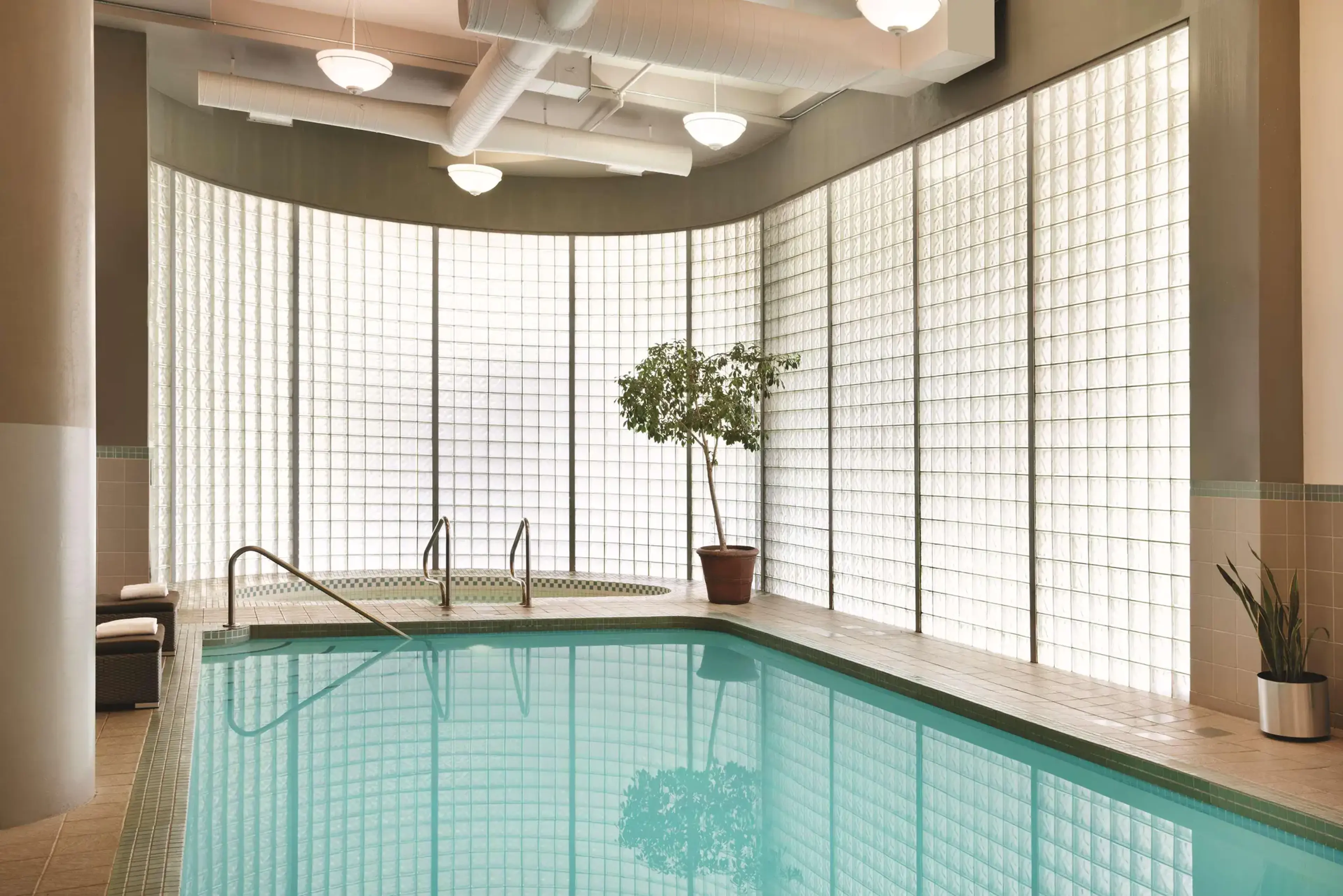 Indoor swimming pool with glass block windows, a hot tub, two potted plants, and ceiling lights.