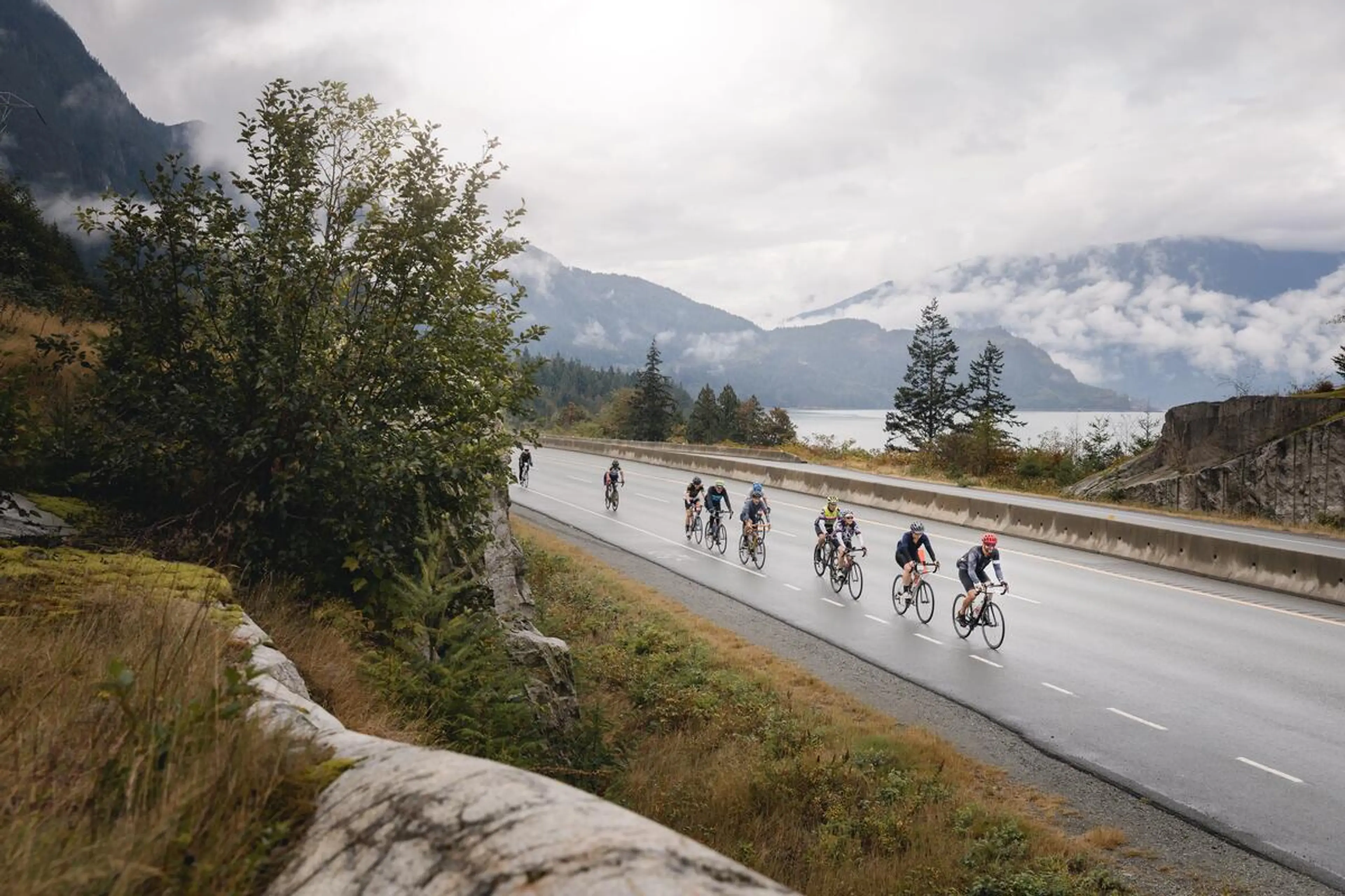 Cyclists bilking the RBC Gran Fondo Whistler on the Sea-to-Sky Highway.