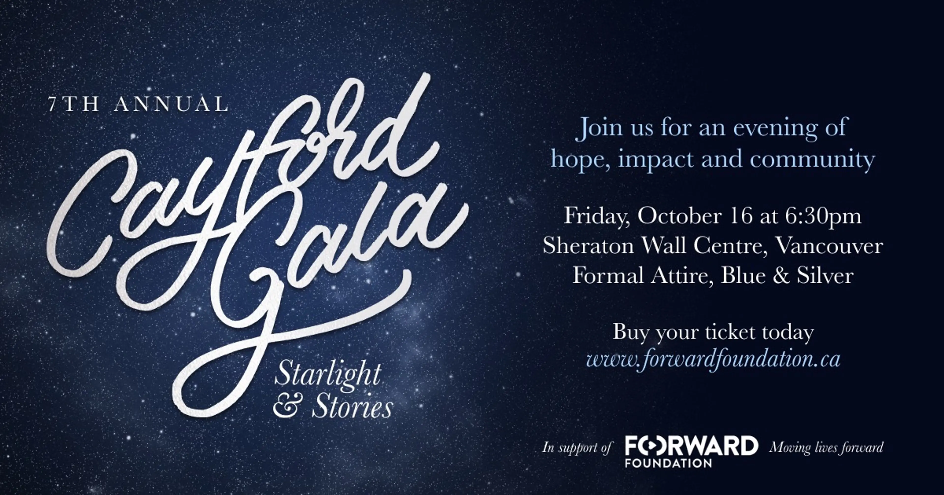 7th Annual Cayford Gala event details with date, time, location, dress code, and ticket info on a starry night background.