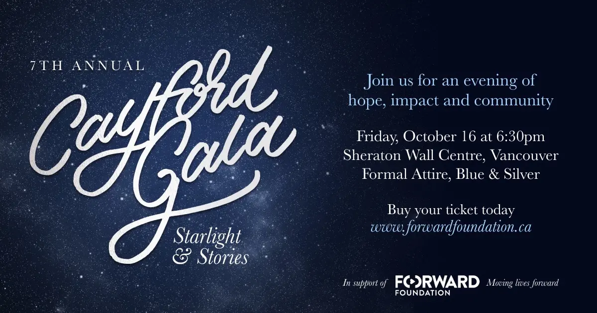 7th Annual Cayford Gala event details with date, time, location, dress code, and ticket info on a starry night background.