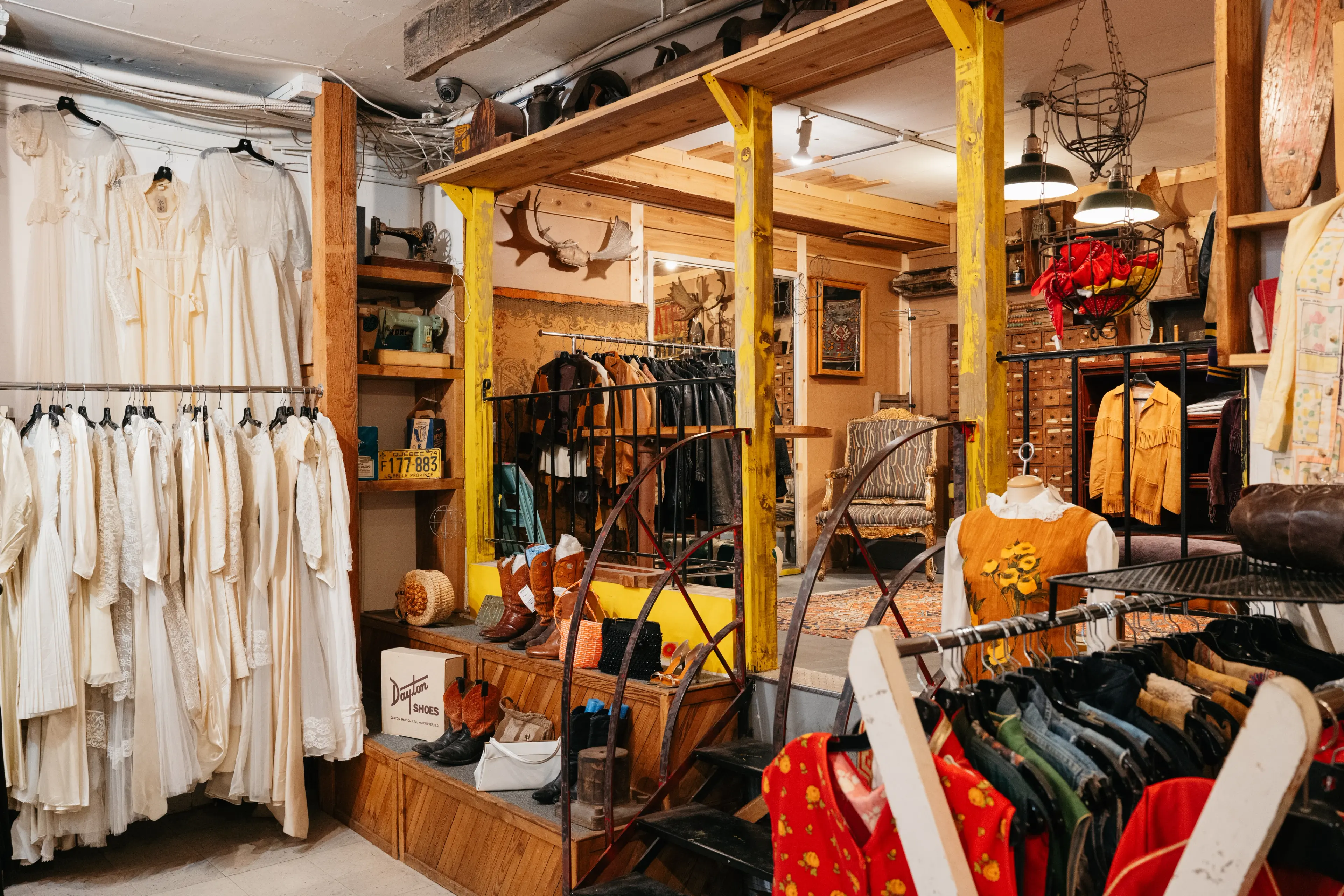 Racks of vintage clothing inside Mintage vintage clothing in Vancouver. 