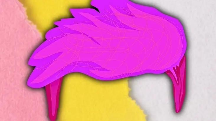 Abstract pink and purple shape resembling a stylized bird or feather on a background of pink, yellow, and gray torn paper textures.