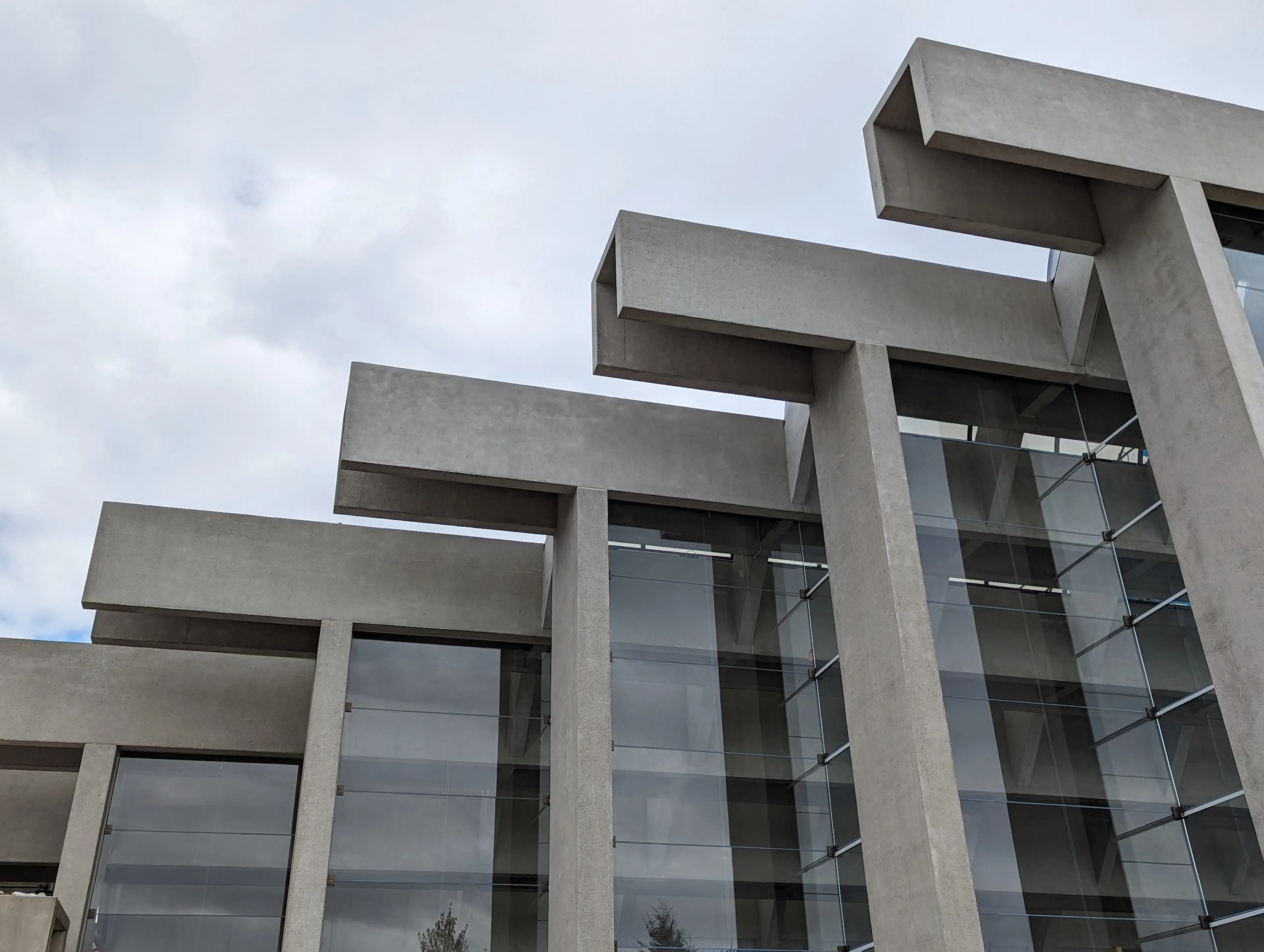 Detailed exterior view of the Great Hall at the Museum of Anthropology at UBC as seismic upgrades near completion, April 2024. 