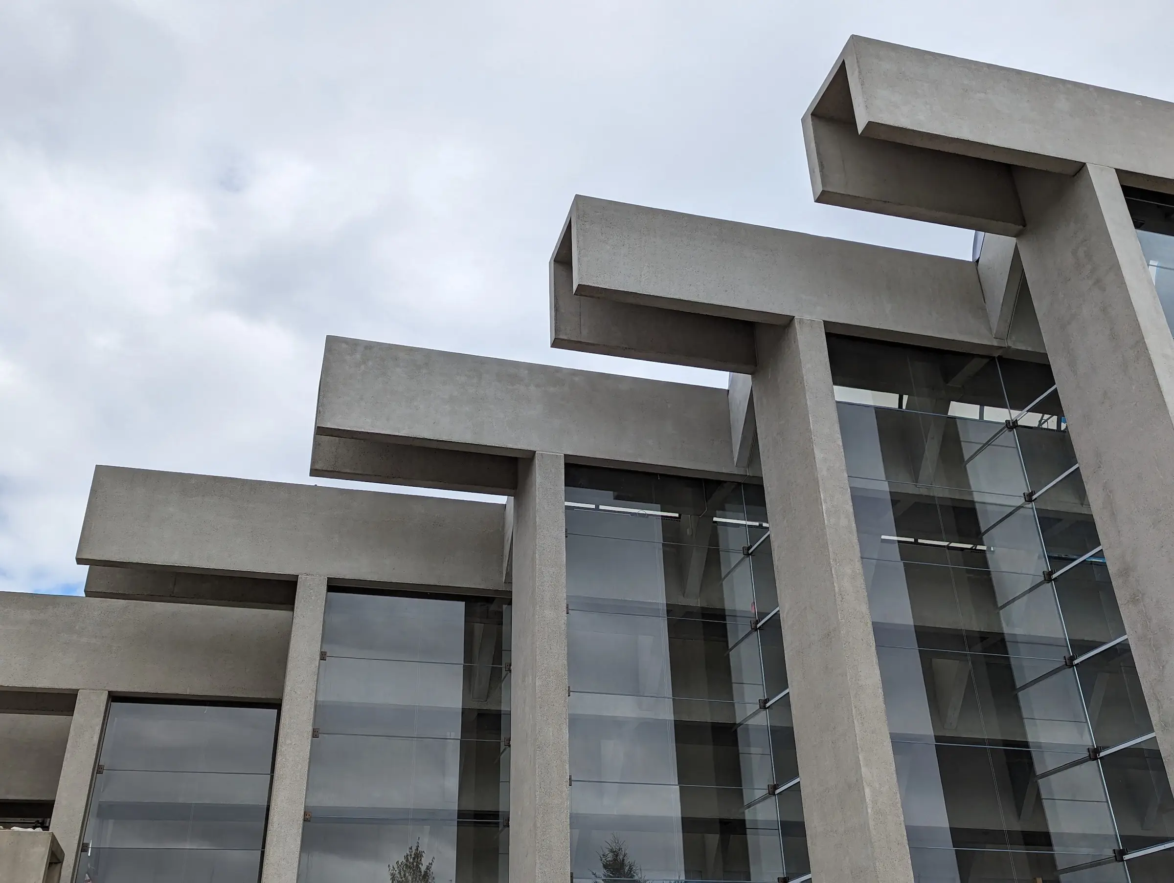 Detailed exterior view of the Great Hall at the Museum of Anthropology at UBC as seismic upgrades near completion, April 2024.