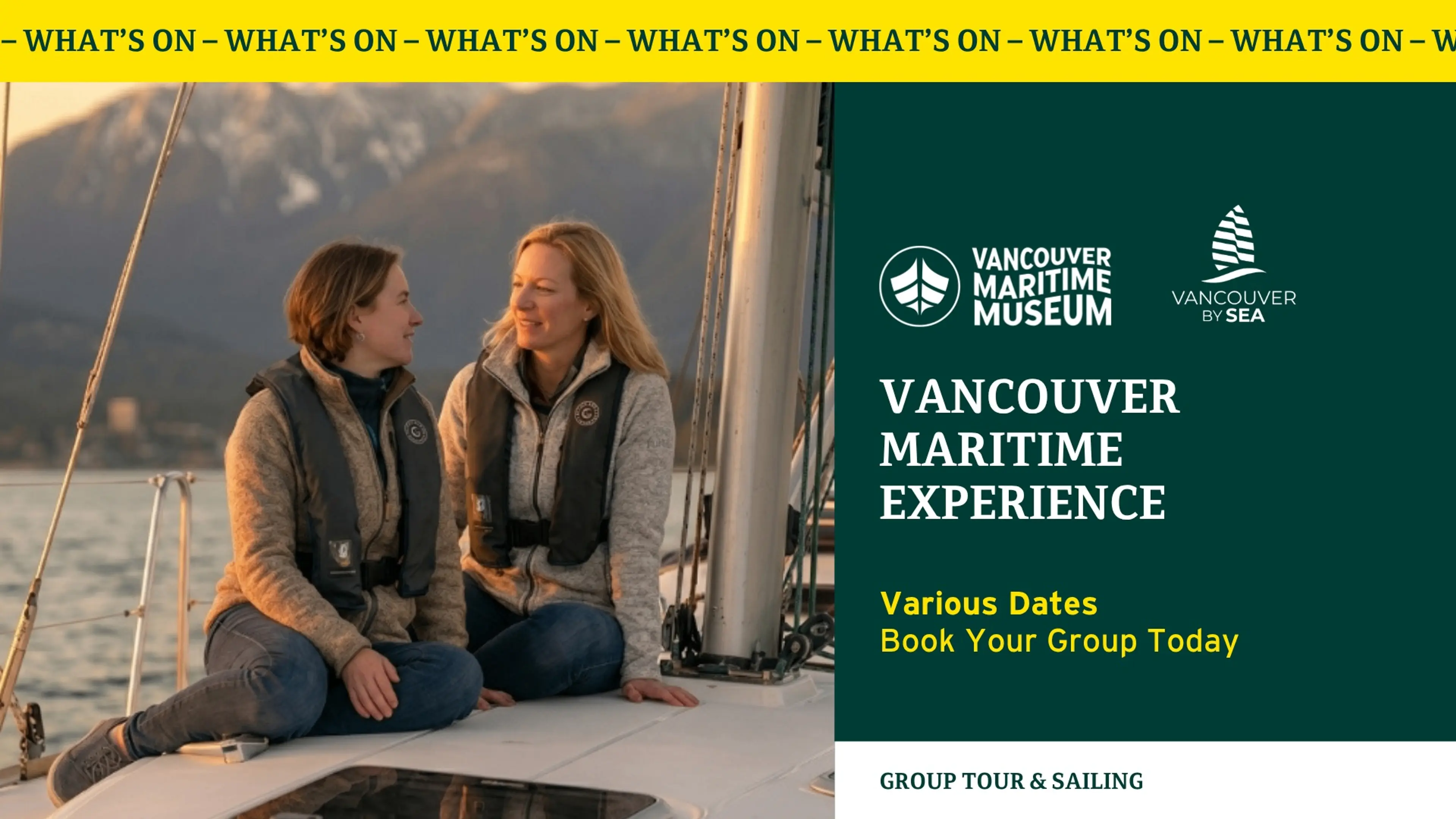 Two people sitting on a sailboat deck with mountains and water in the background, promoting Vancouver Maritime Experience group tour and sailing.