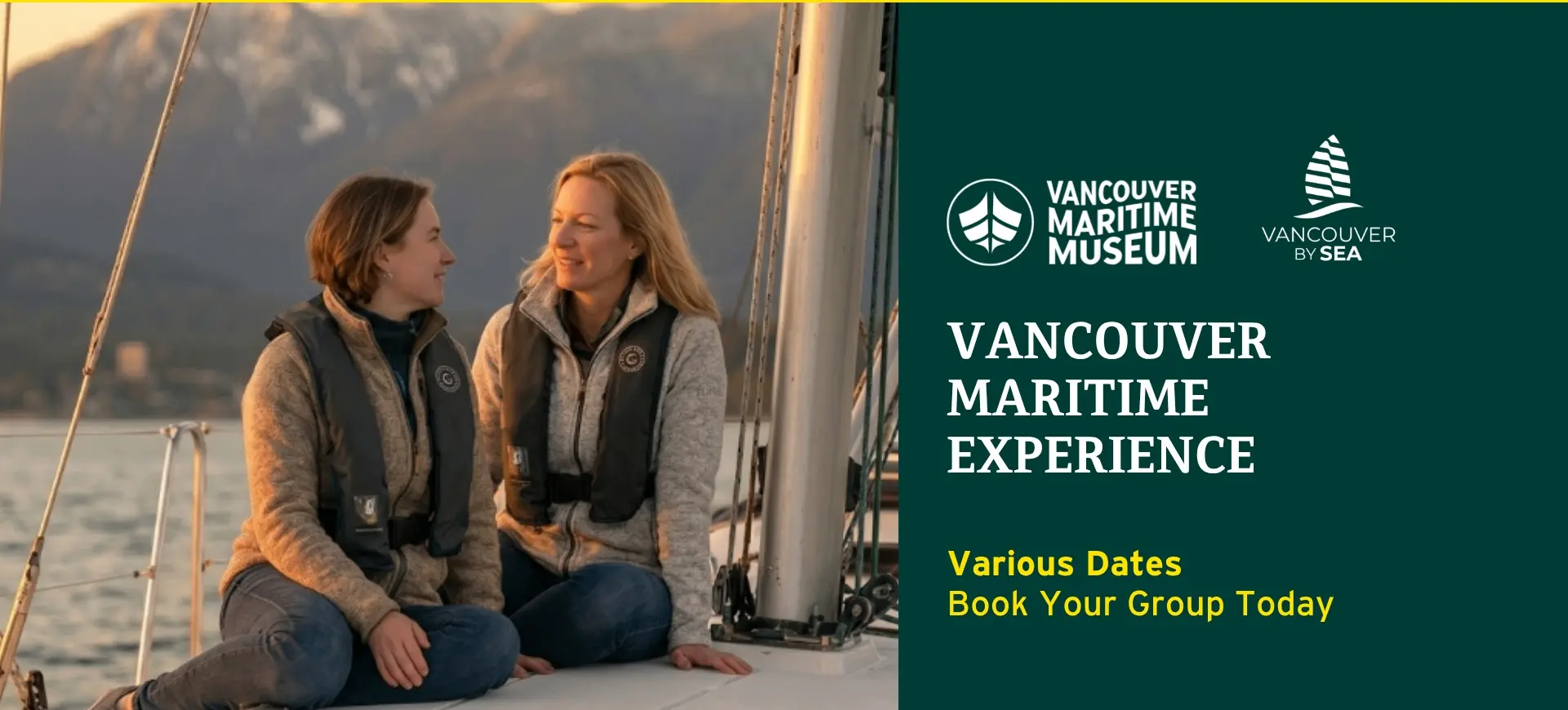 Two people sitting on a sailboat deck with mountains and water in the background, promoting Vancouver Maritime Experience group tour and sailing.