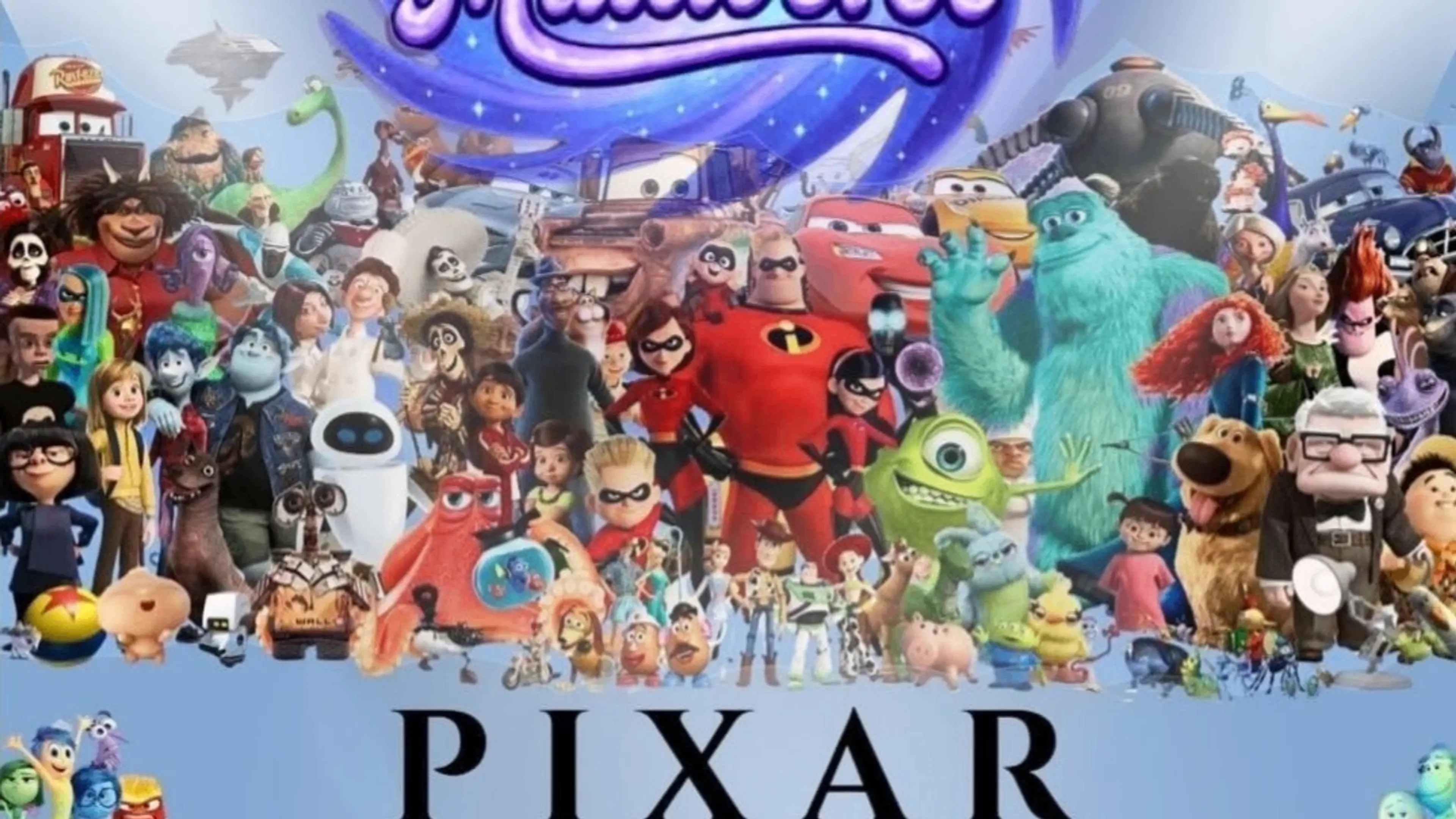 Collage of various Pixar animated characters from movies like Toy Story, Monsters Inc., Cars, The Incredibles, Up, and Finding Nemo.