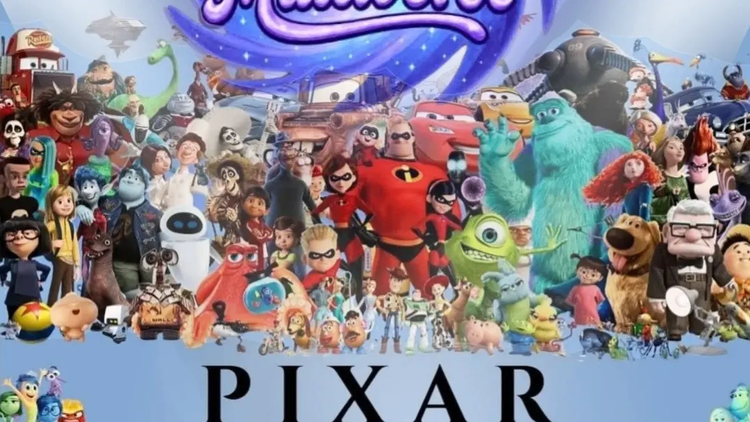 Collage of various Pixar animated characters from movies like Toy Story, Monsters Inc., Cars, The Incredibles, Up, and Finding Nemo.