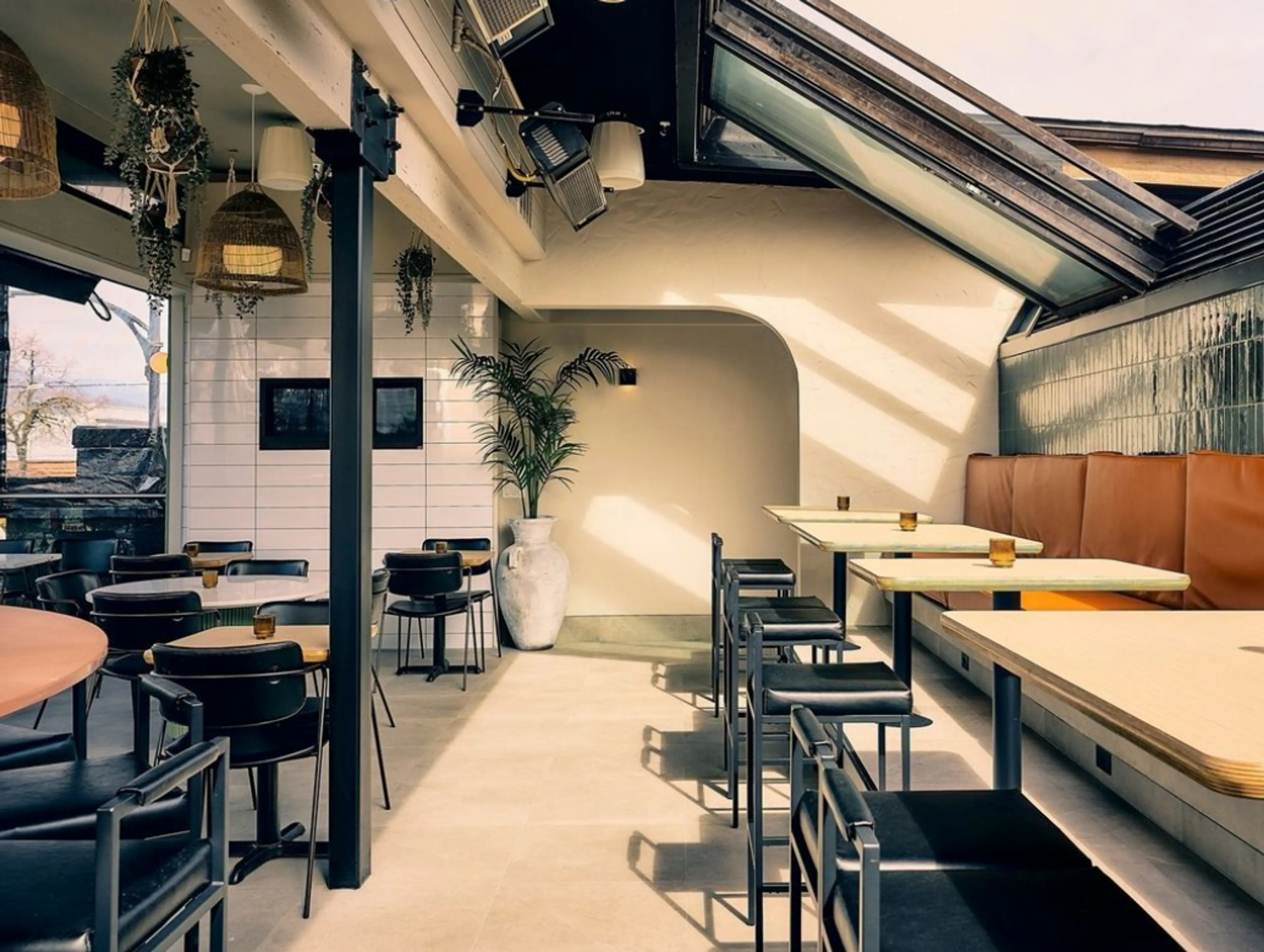 The retractable roof at Social YVR's rooftop patio. 