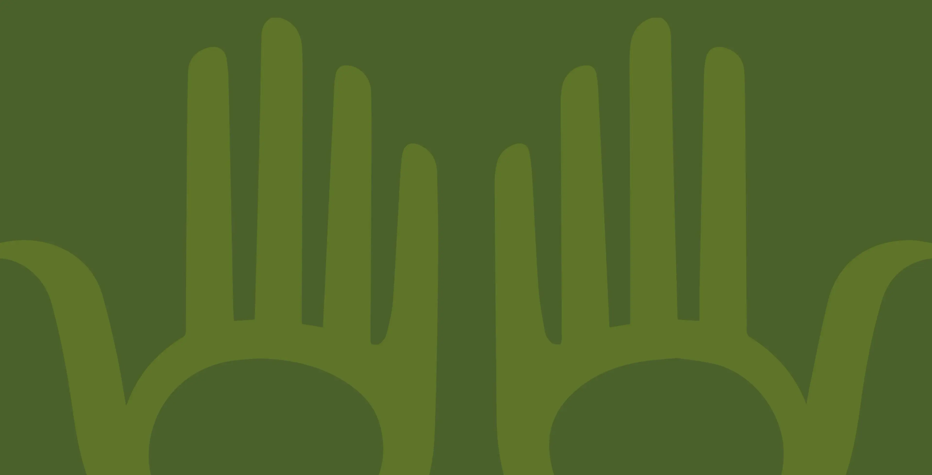 Two large green hand shapes with fingers extended on a darker green background.