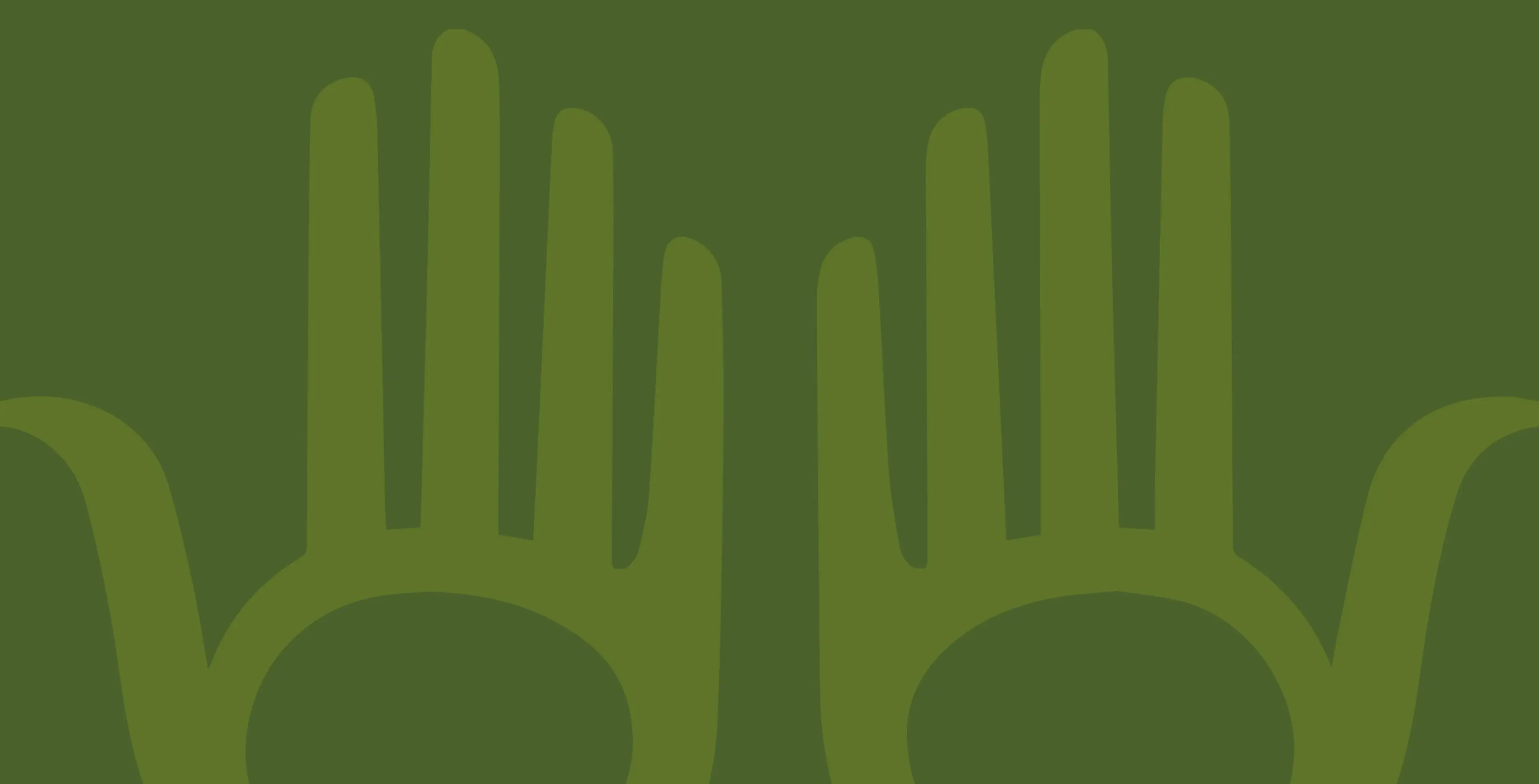 Two large green hand shapes with fingers extended on a darker green background.