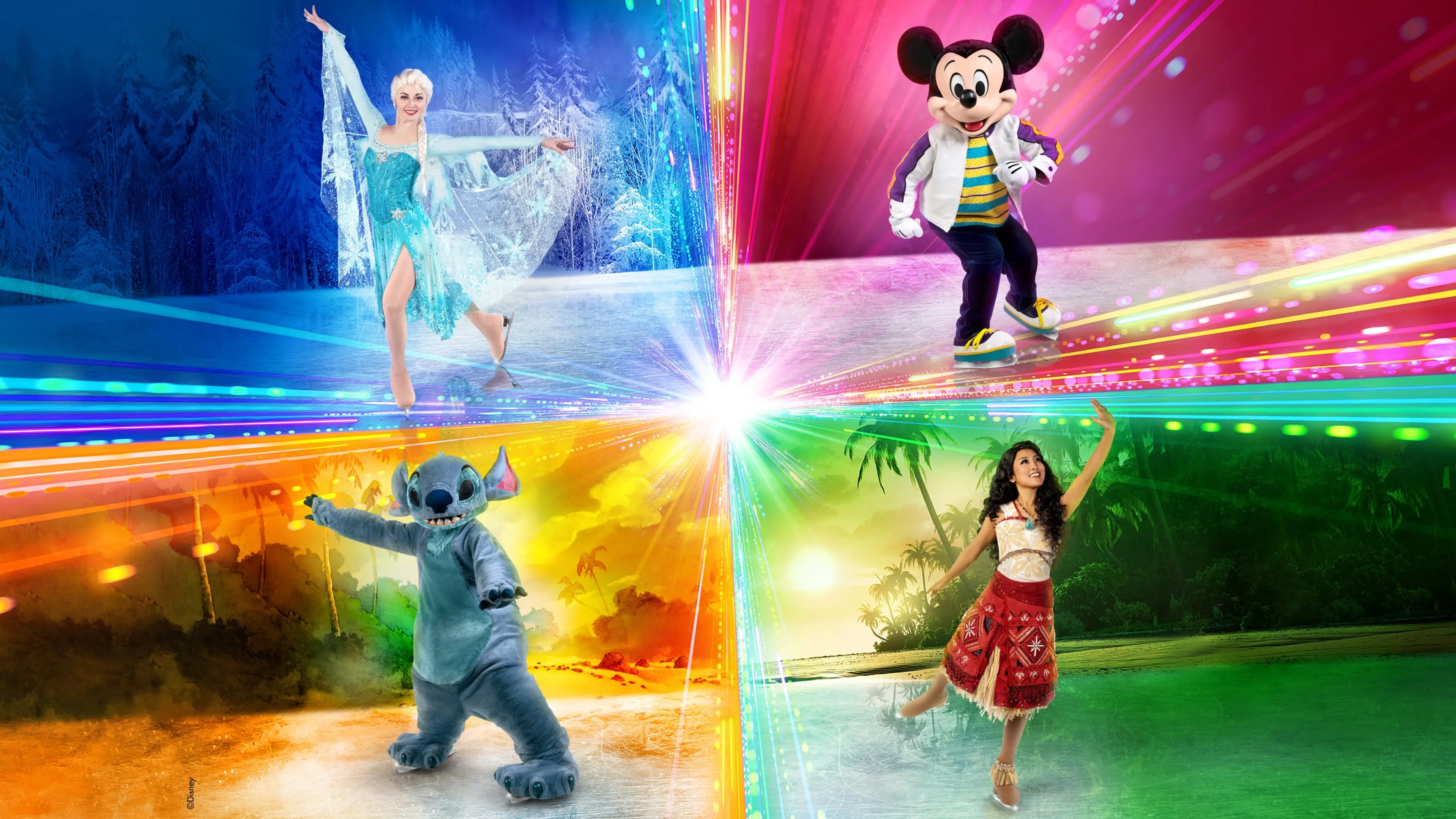 Four characters ice skating in separate colorful quadrants: Elsa in blue, Mickey Mouse in red, Stitch in orange, and Moana in green.