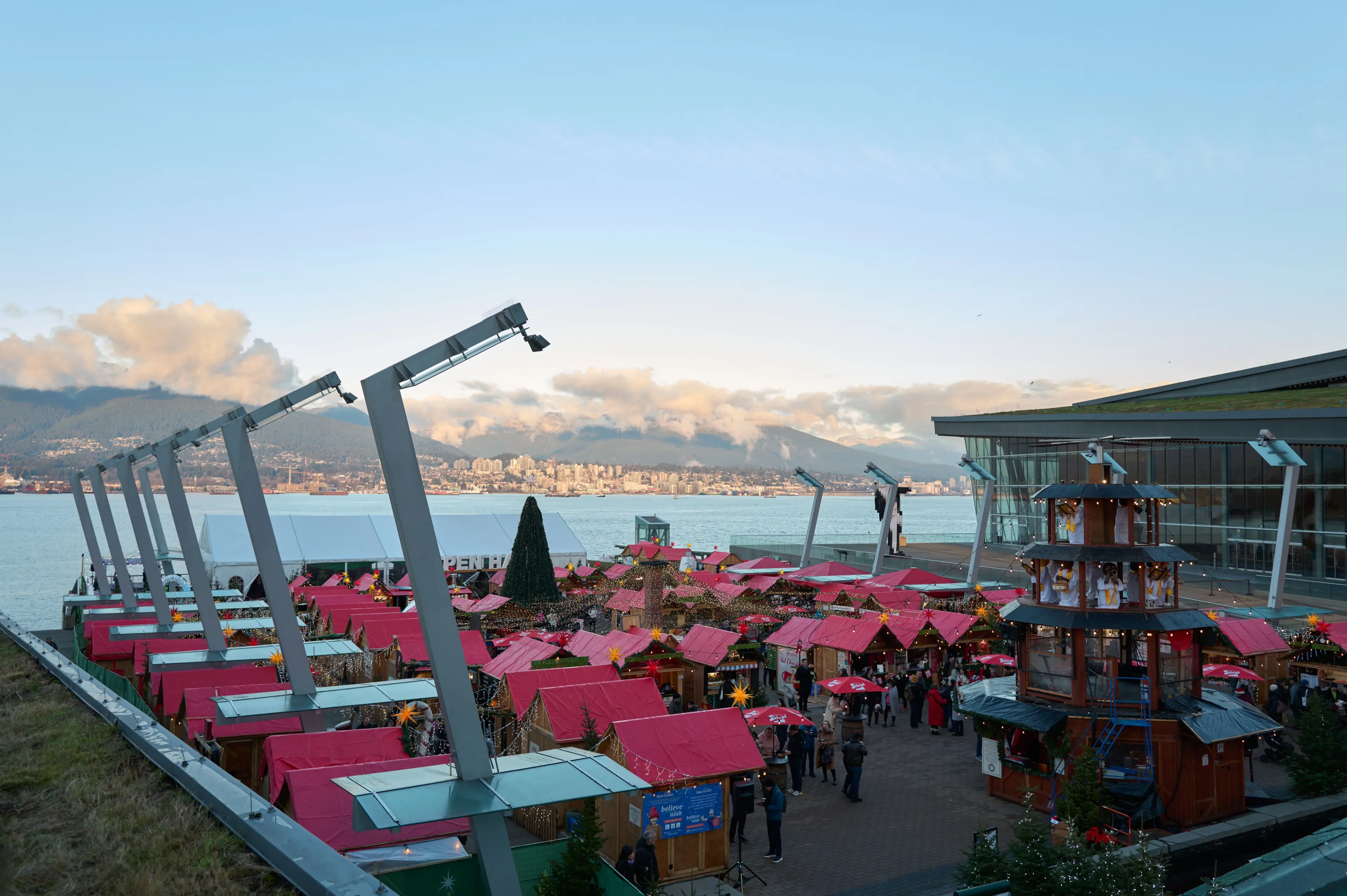 View of the Vancouver Christmas Market located right at the ocean.