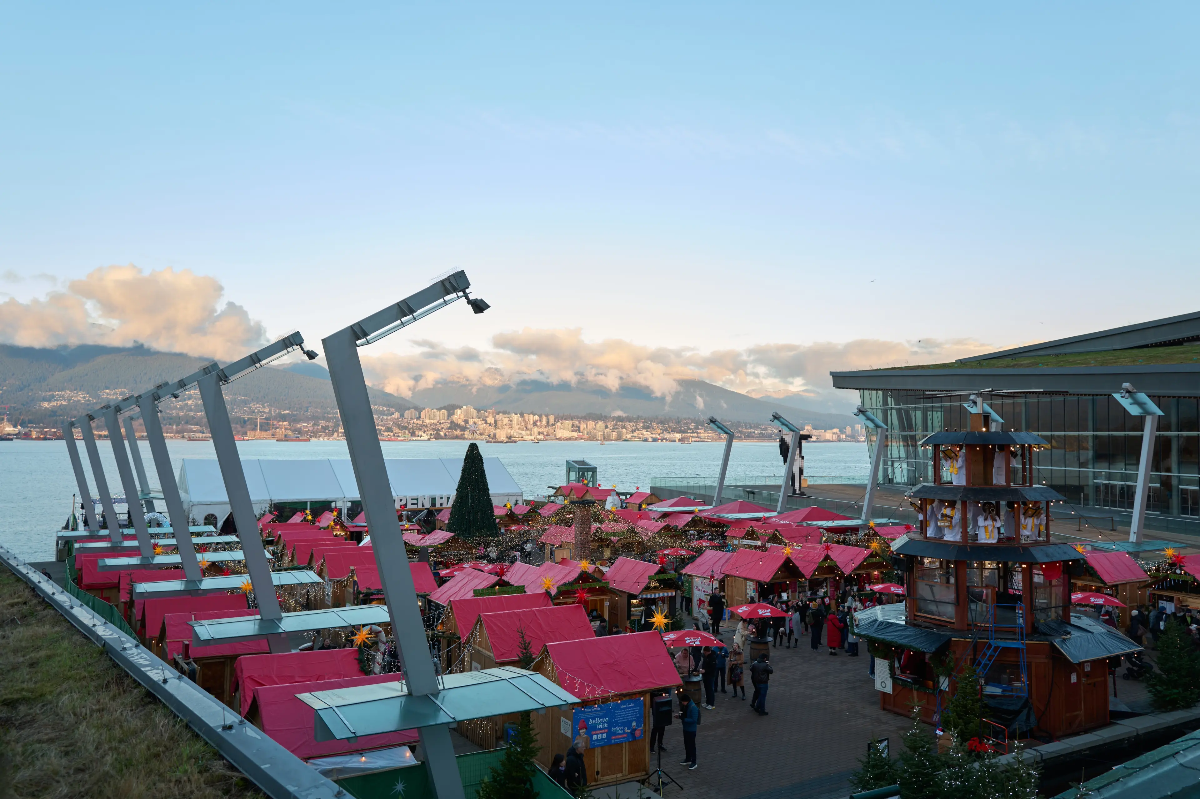 View of the Vancouver Christmas Market located right at the ocean.