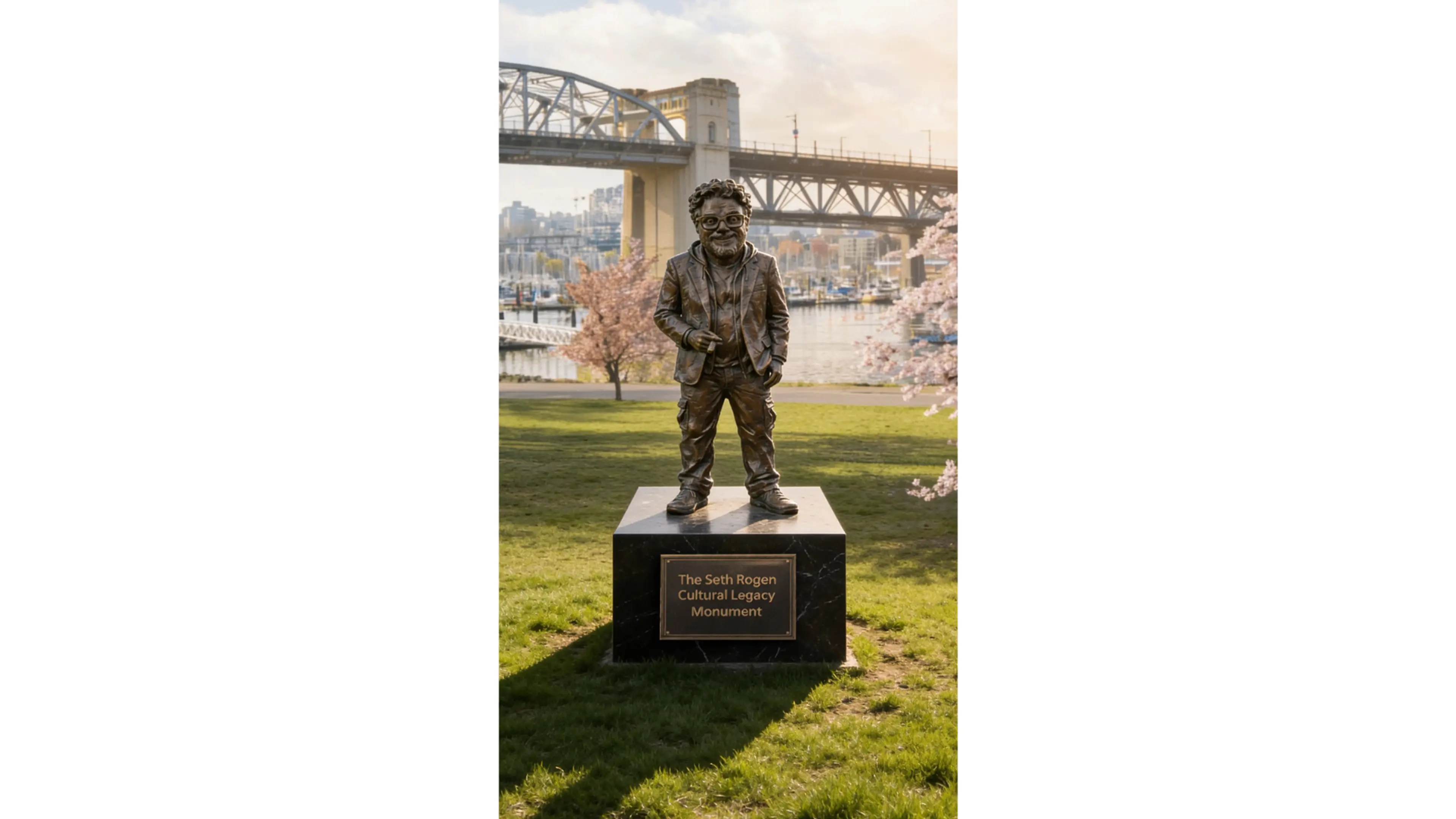 Bronze statue of Seth Rogen on a pedestal in a Vancouver park, with cherry blossoms, False Creek marina, and the Burrard Street Bridge in the background under a sunny sky.