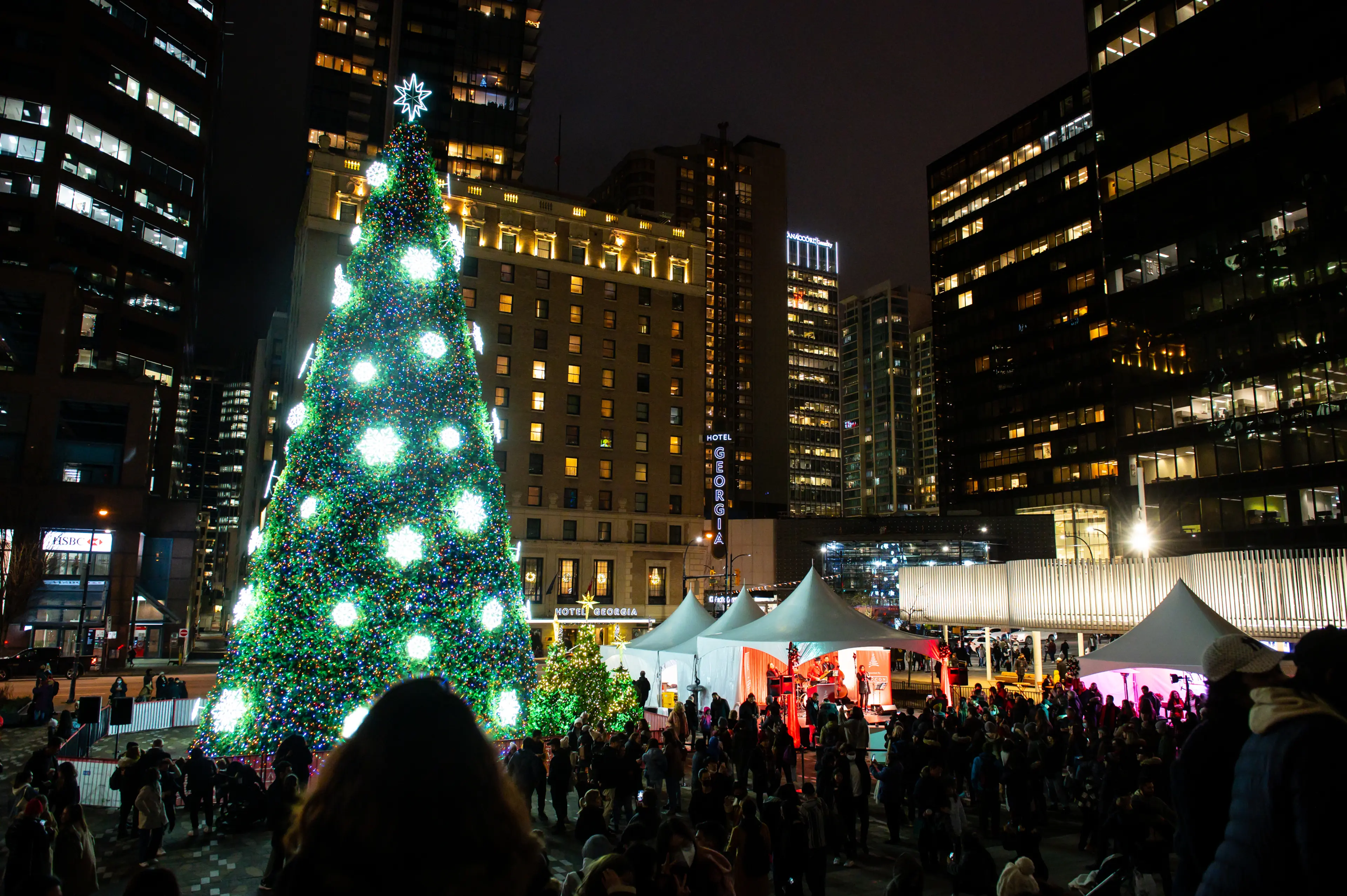 Lit up 76-foot Christmas tree at the Vancouver Art Gallery