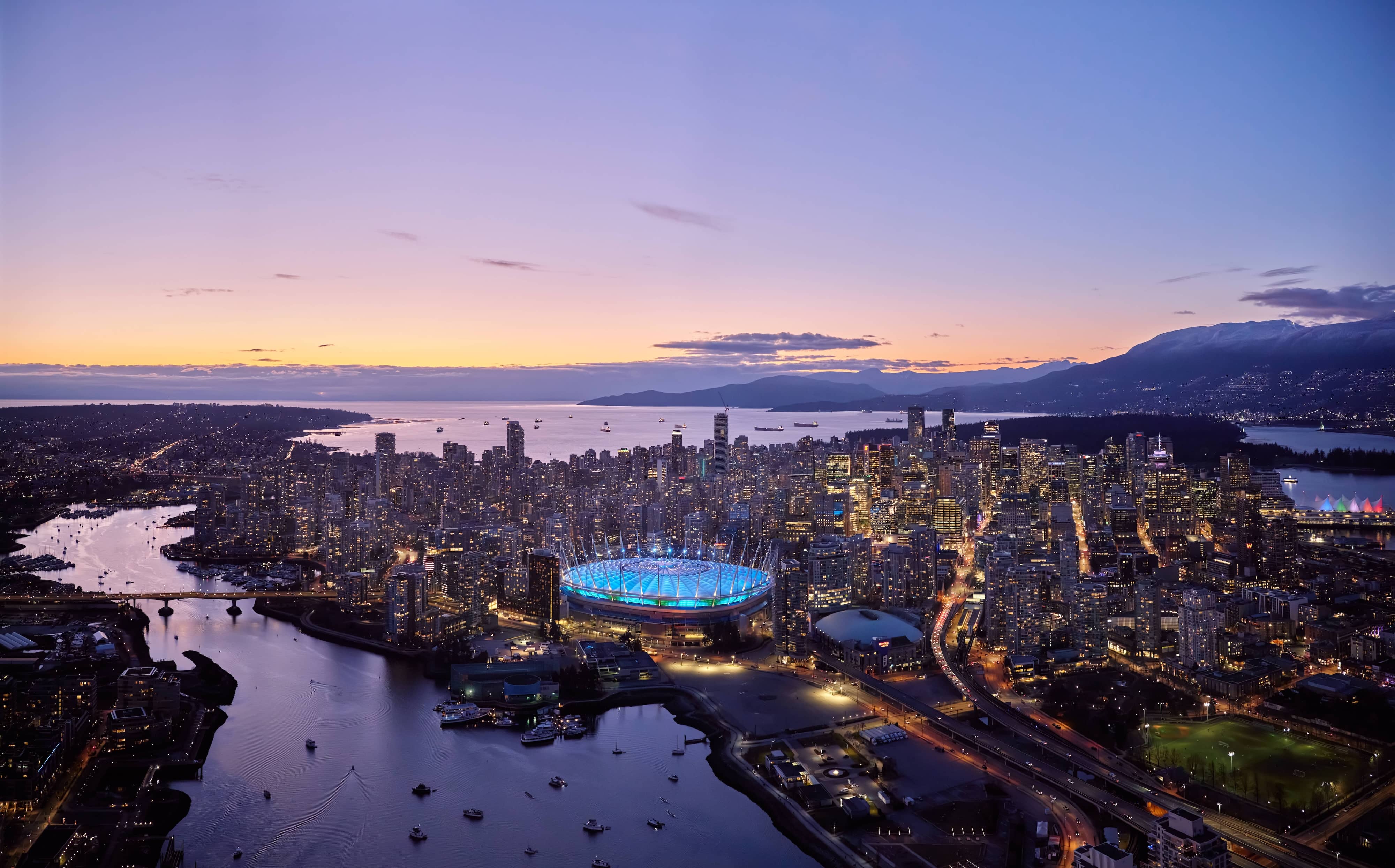 Aerial skyline of Vancouver at night 