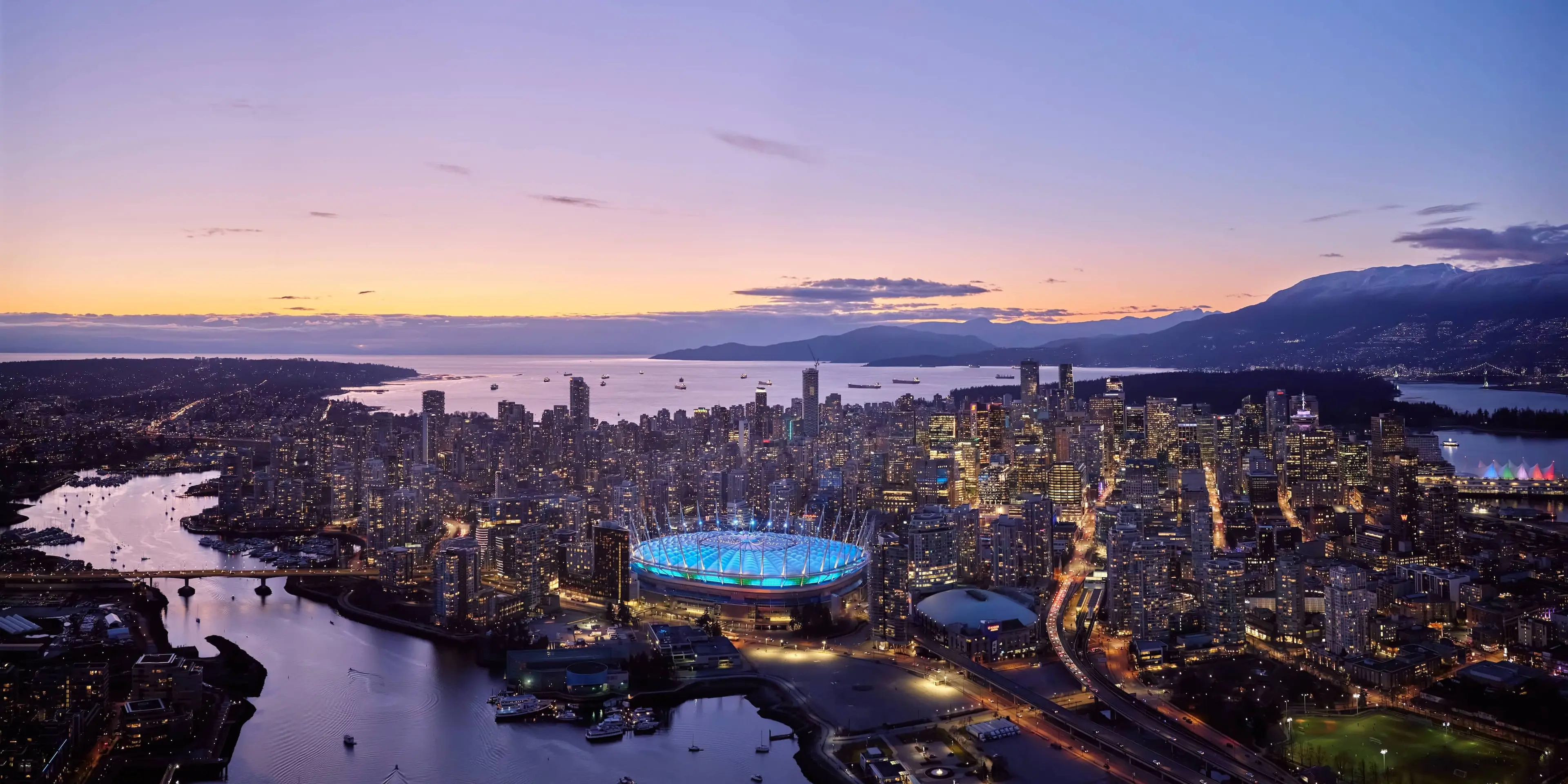 Aerial skyline of Vancouver at night