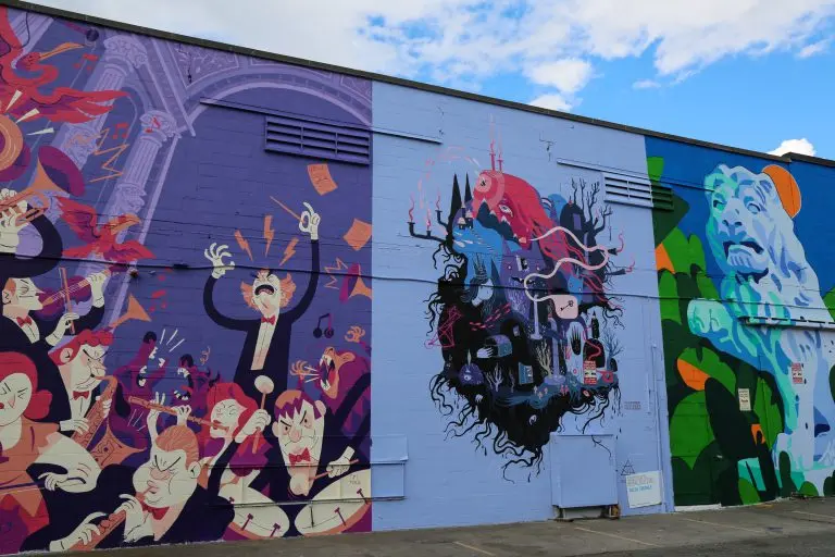 Murals by (left) Tim Mack, @timlmack, (center) Julia Iredale, @julia_iredale, (right) Kyle Scott, @kjscottart