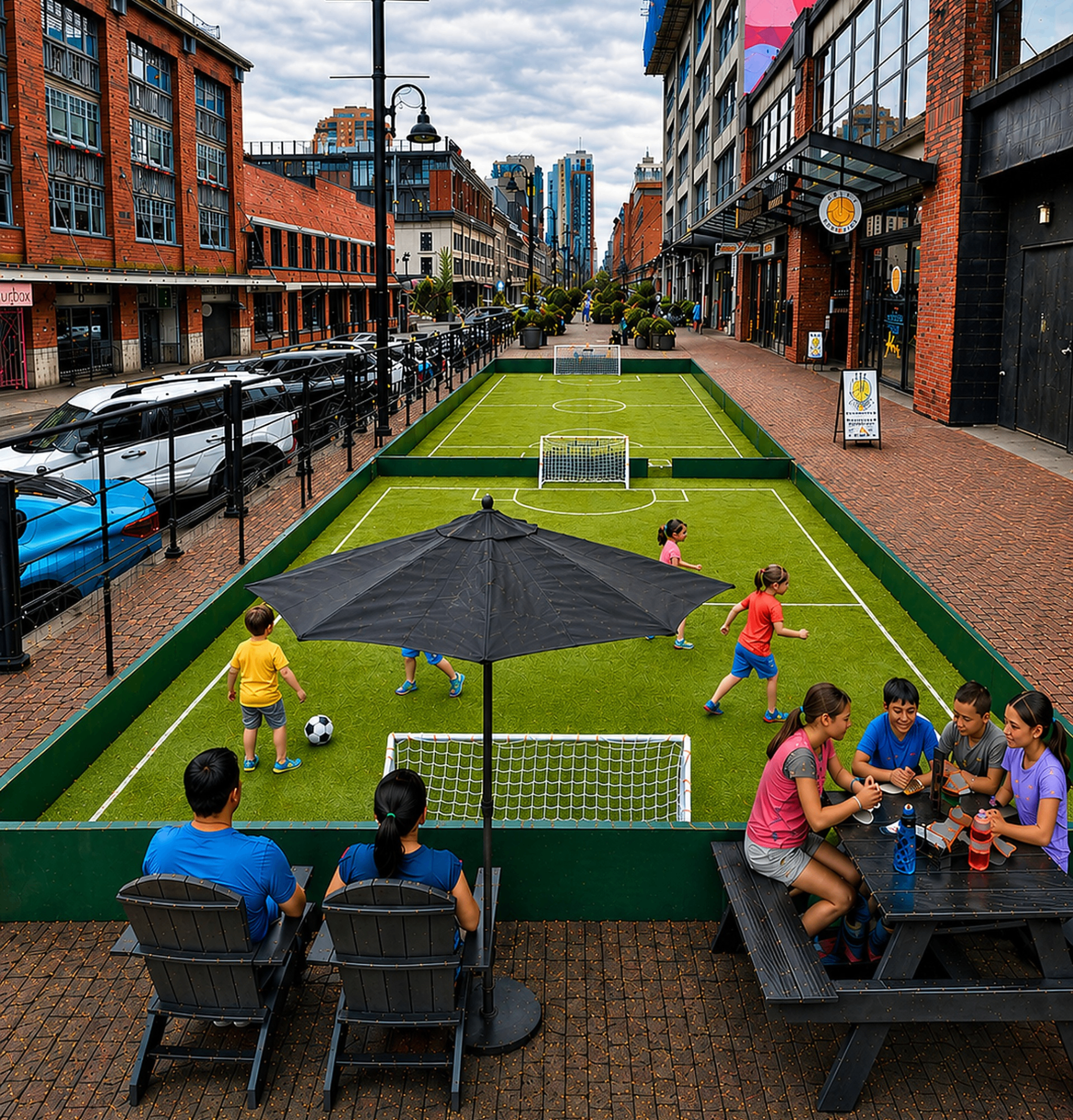 Children playing soccer on small artificial turf fields in an urban street setting with two adults seated under a black umbrella and four children sitting at a picnic table nearby.