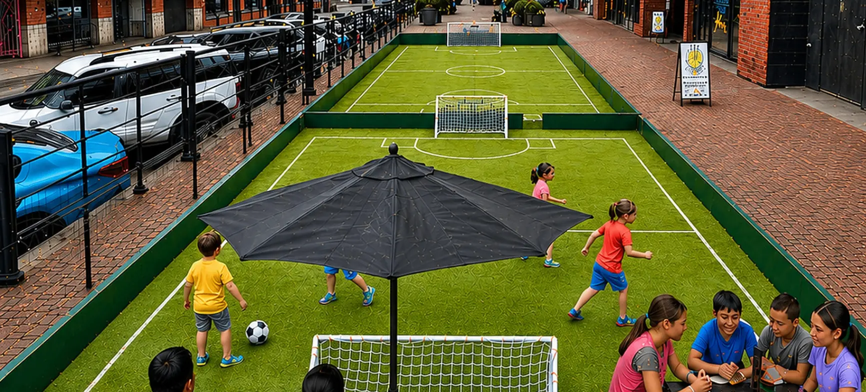 Children playing soccer on small artificial turf fields in an urban street setting with two adults seated under a black umbrella and four children sitting at a picnic table nearby.