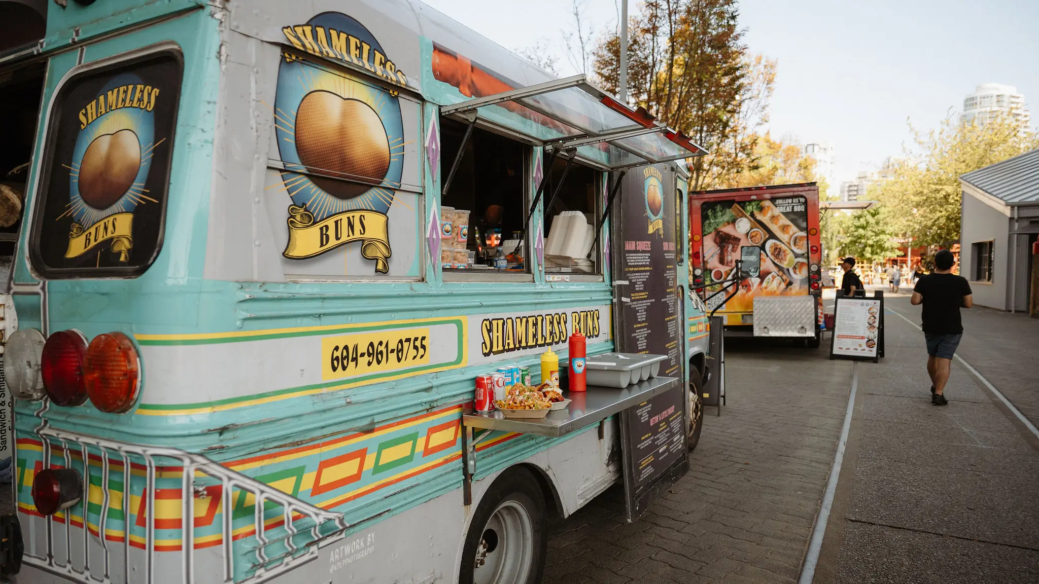 Shameless Buns food truck in Vancouver, creatively converted from a school bus, serving Filipino fusion street food.