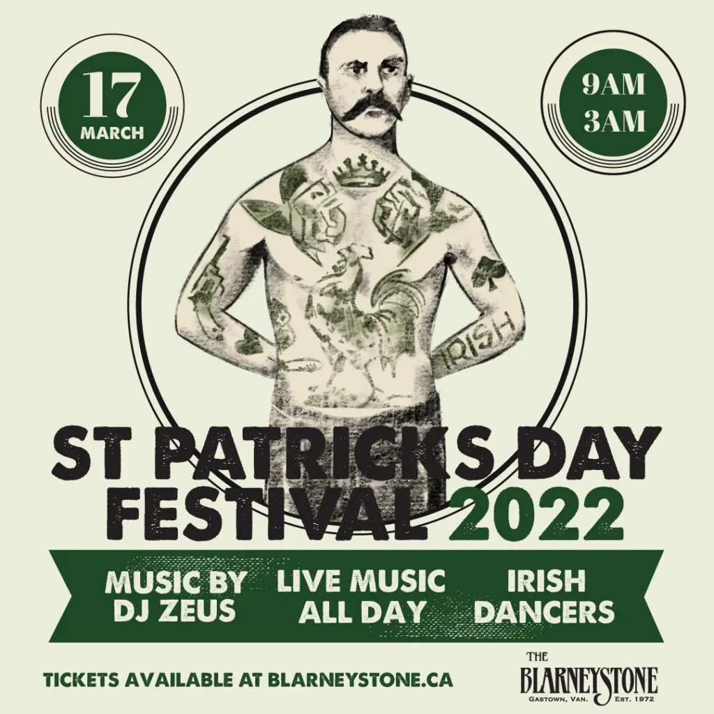 Promo flyer for the St Patrick's Day Festival at The Blarneystone in Vancouver