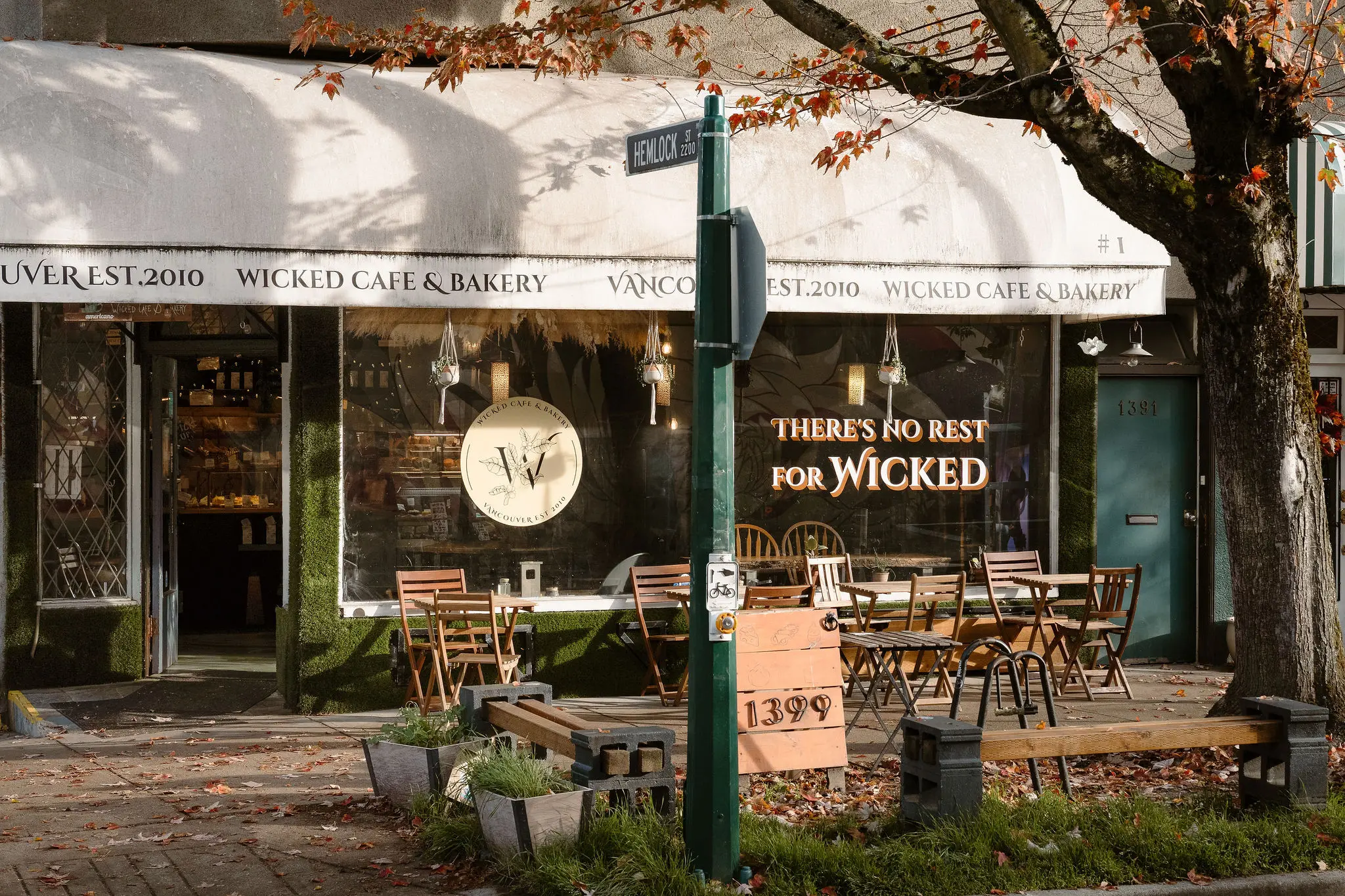 Exterior image of the Wicket Cafe in Vancouver in fall.