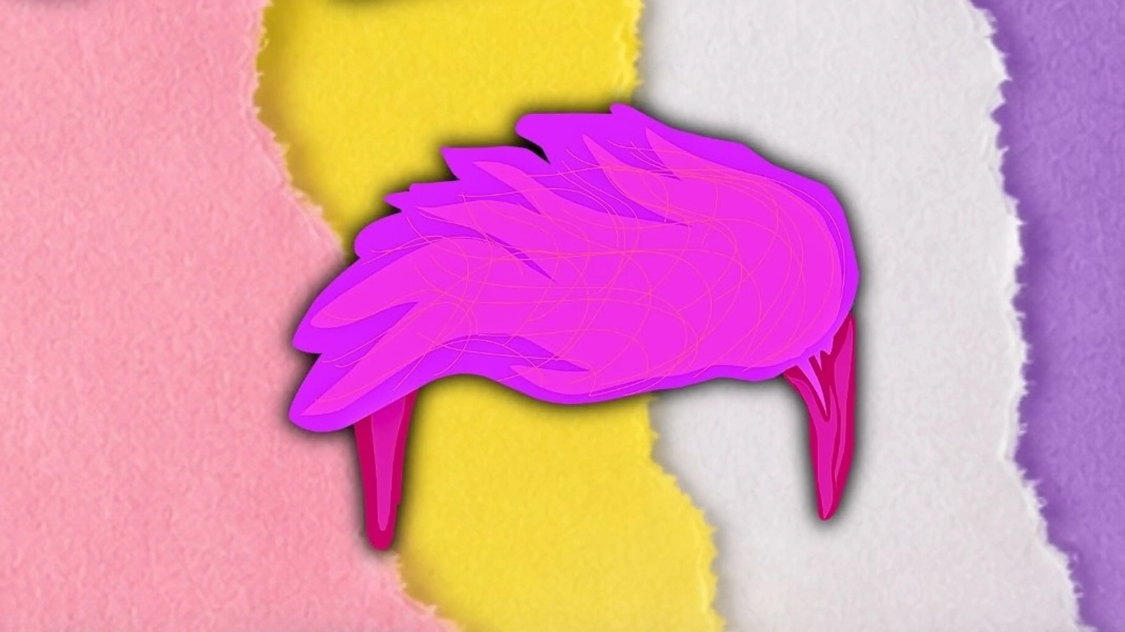 Bright pink stylized bird with a long beak on a torn paper background of pink, yellow, white, and purple.