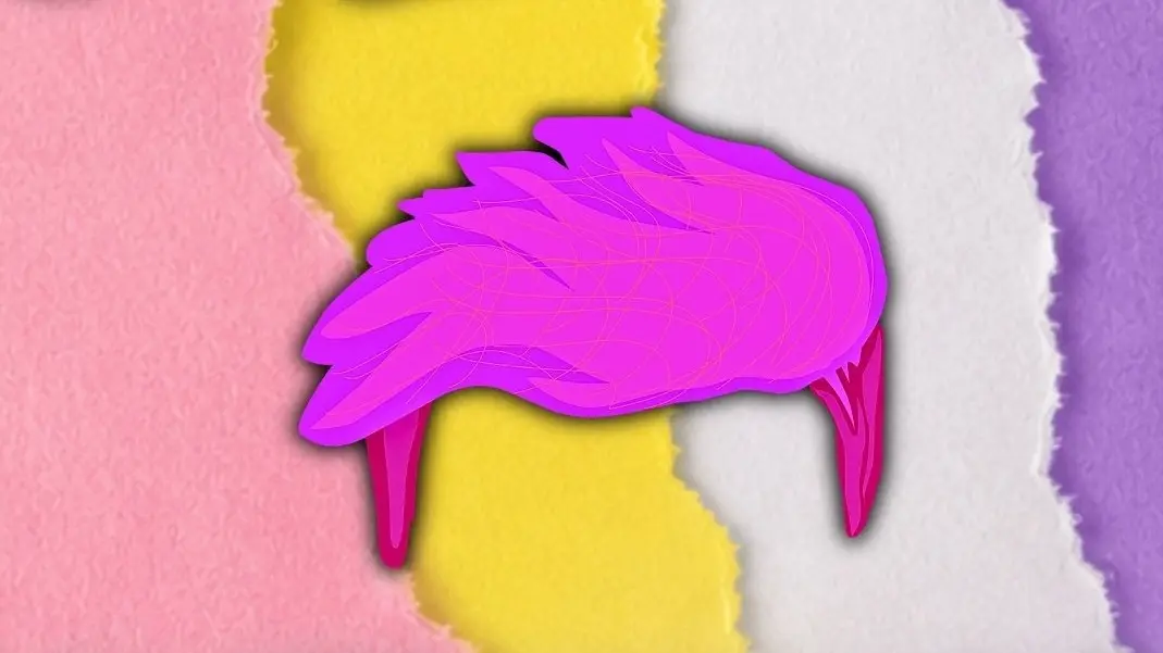 Bright pink stylized bird with a long beak on a torn paper background of pink, yellow, white, and purple.